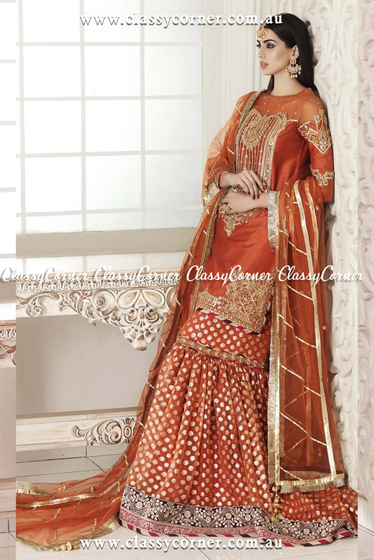 Orange Golden Gharara Dupatta - Classy Corner