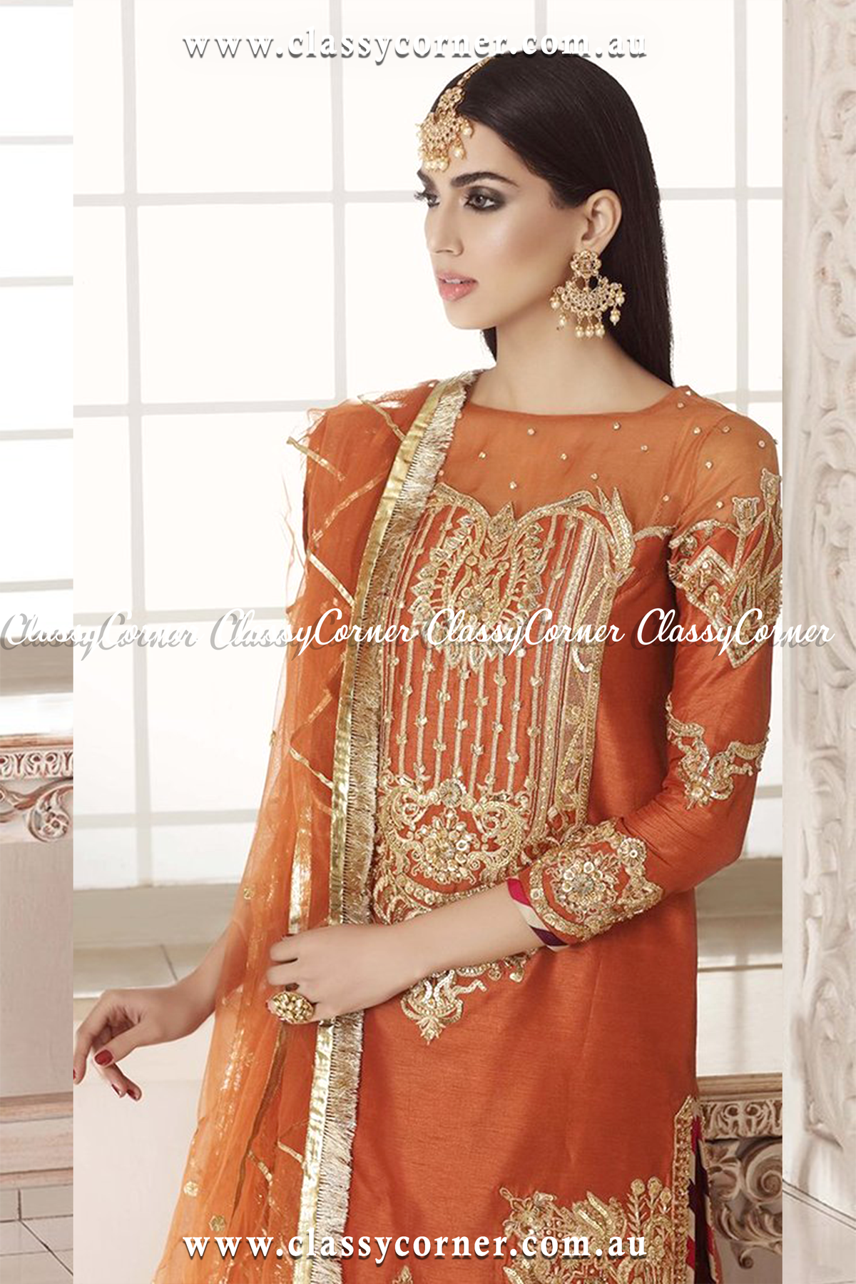 Orange Golden Gharara Dupatta - Classy Corner