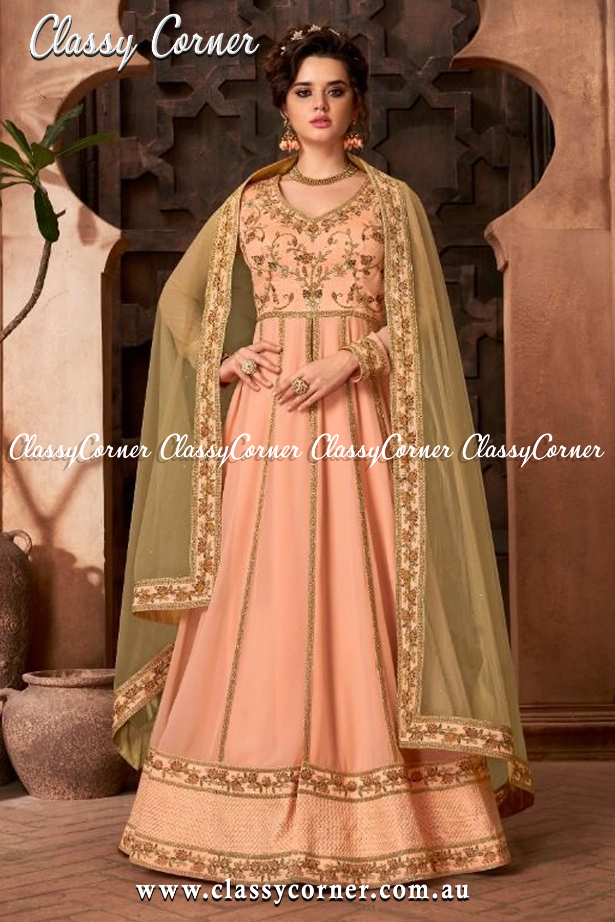 Peach Gold Blooming Georgette with Diamond Anarkali Gown - Classy Corner