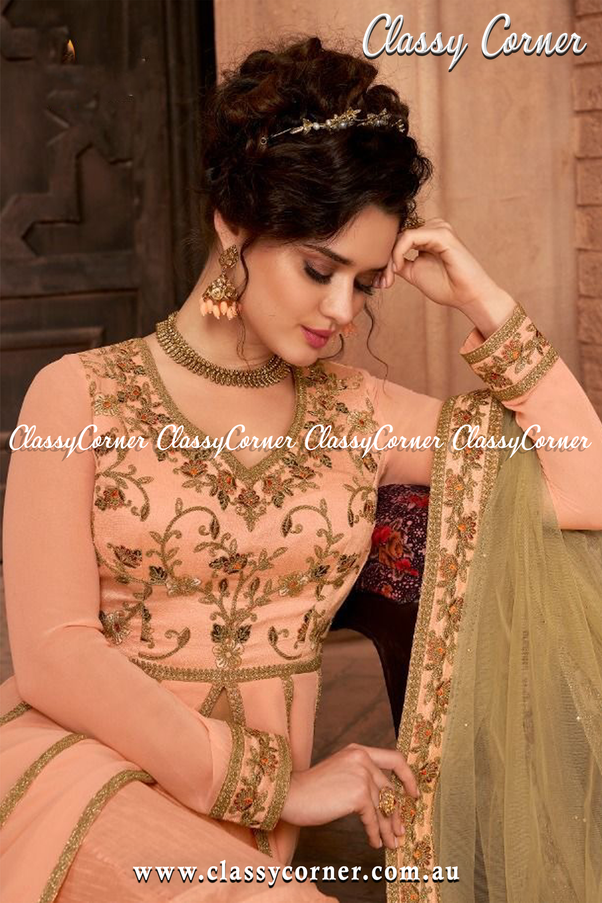 Peach Gold Blooming Georgette with Diamond Anarkali Gown - Classy Corner