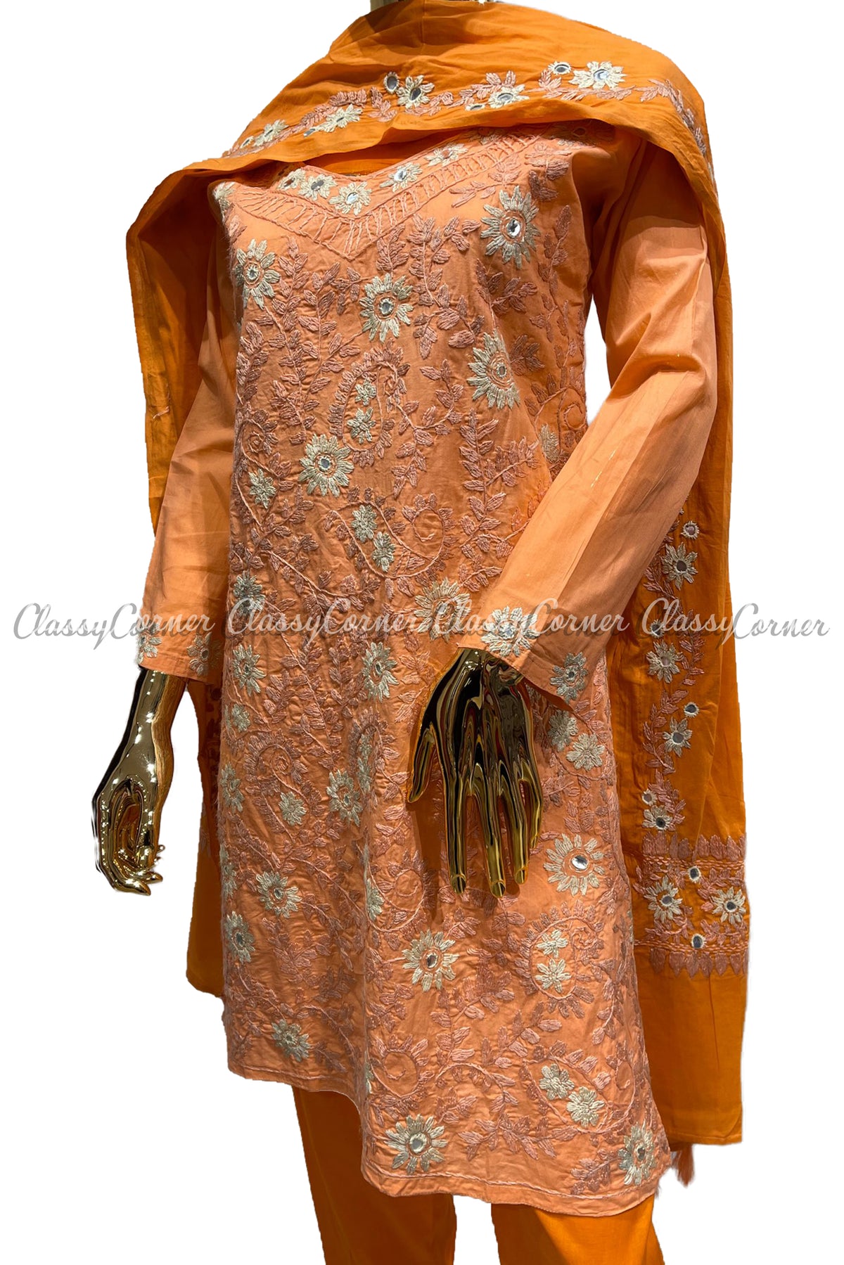 Peach Orange Hand Embroidered Cotton Salwar Kameez Suit - Classy Corner