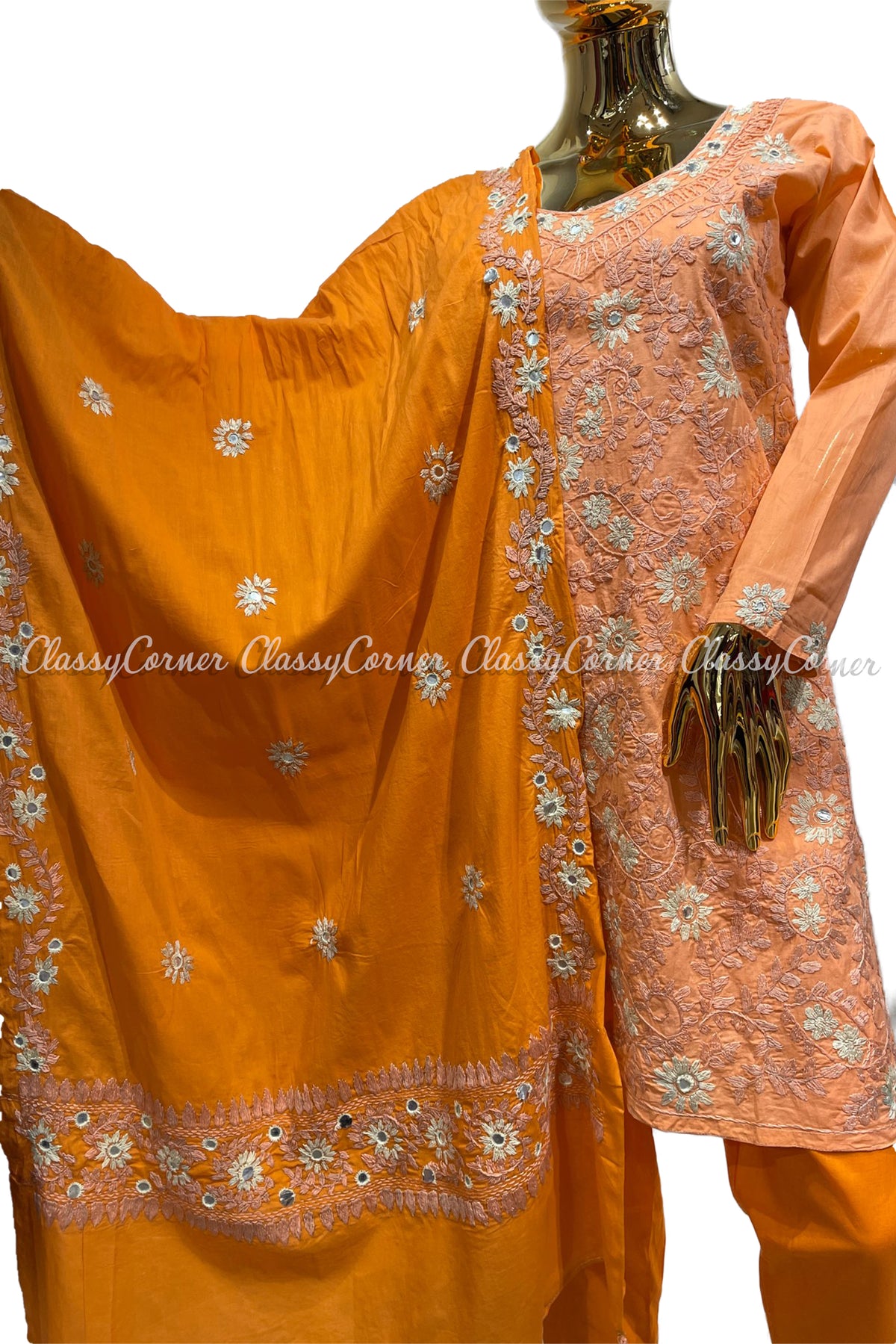 Peach Orange Hand Embroidered Cotton Salwar Kameez Suit - Classy Corner