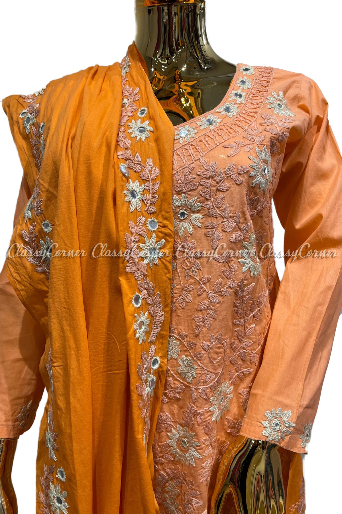 Peach Orange Hand Embroidered Cotton Salwar Kameez Suit - Classy Corner