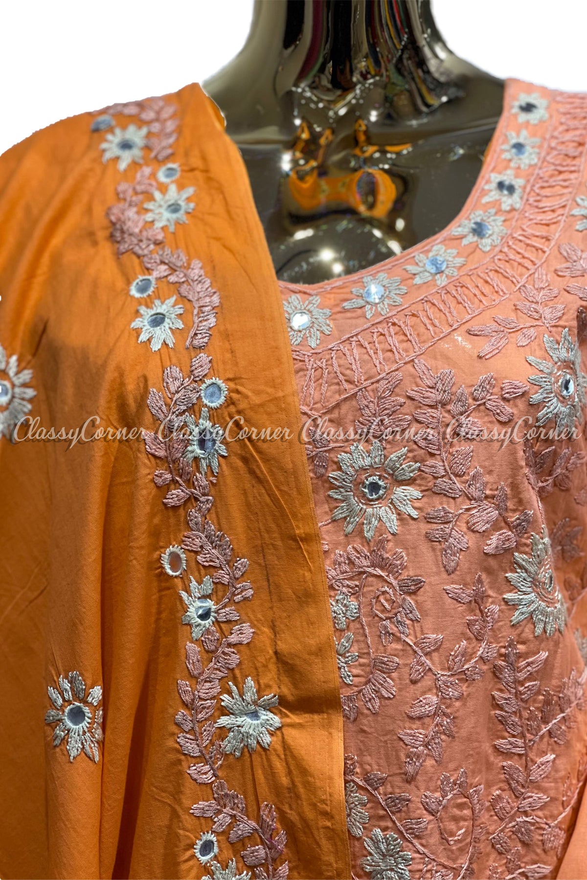 Peach Orange Hand Embroidered Cotton Salwar Kameez Suit - Classy Corner