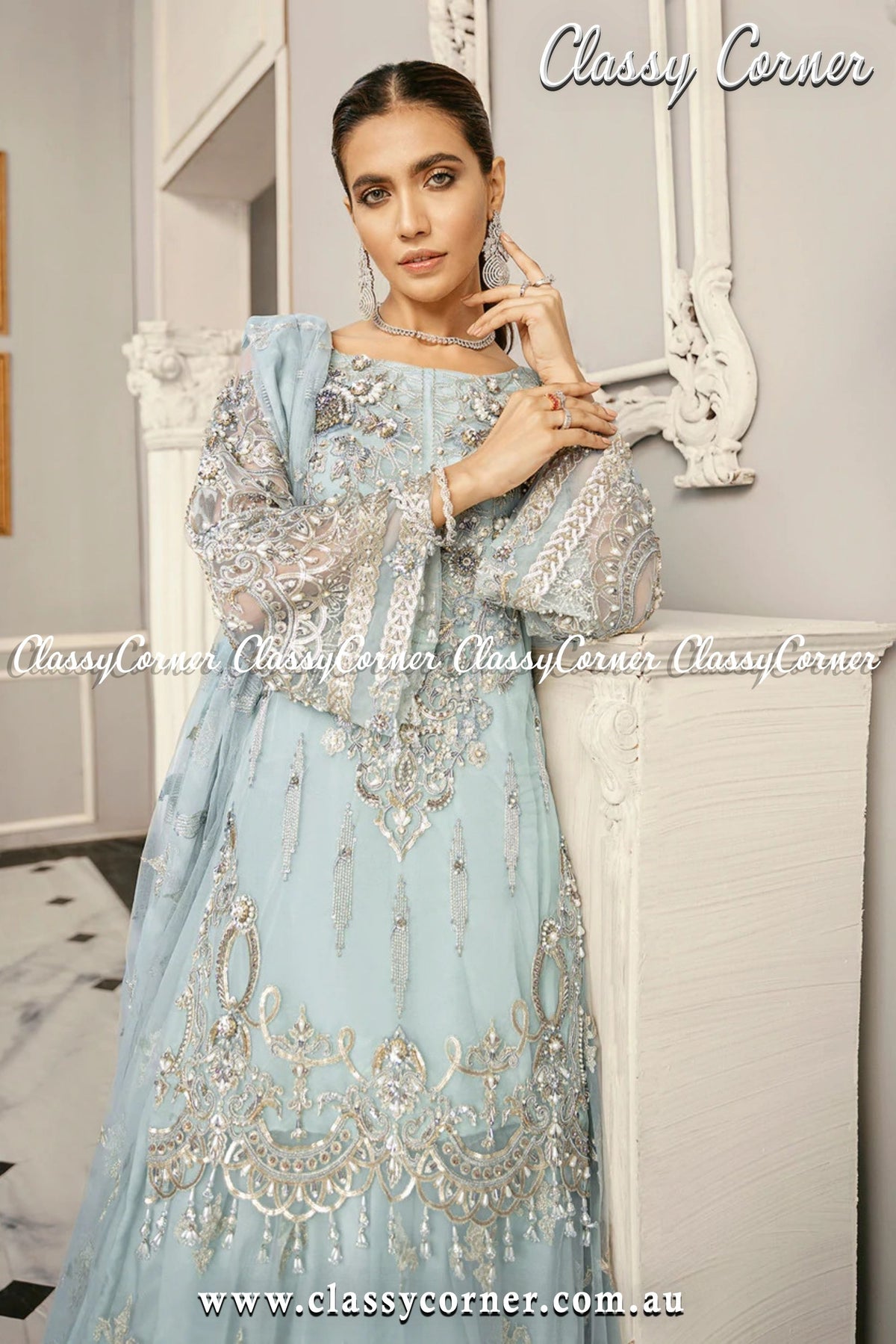 Light Blue Pakistani Formal Lehenga - Classy Corner