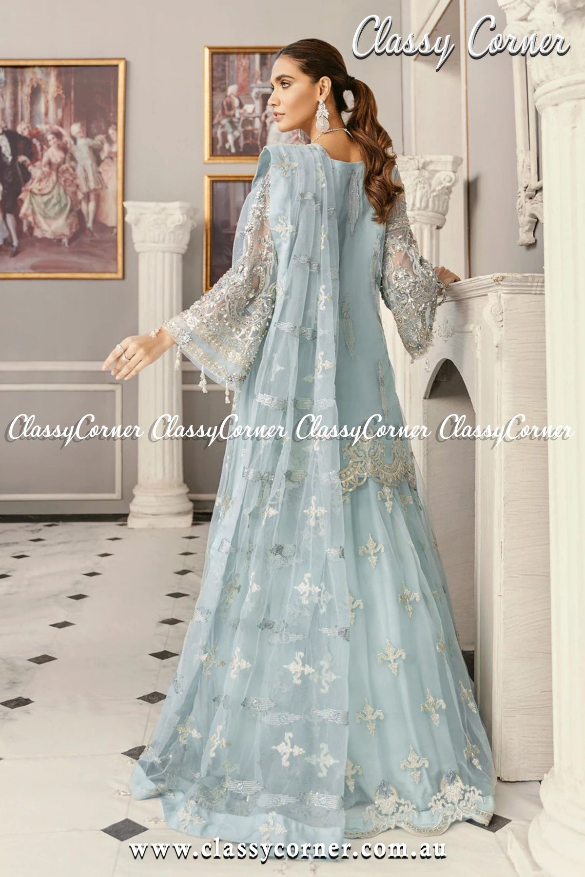 Light Blue Pakistani Formal Lehenga - Classy Corner