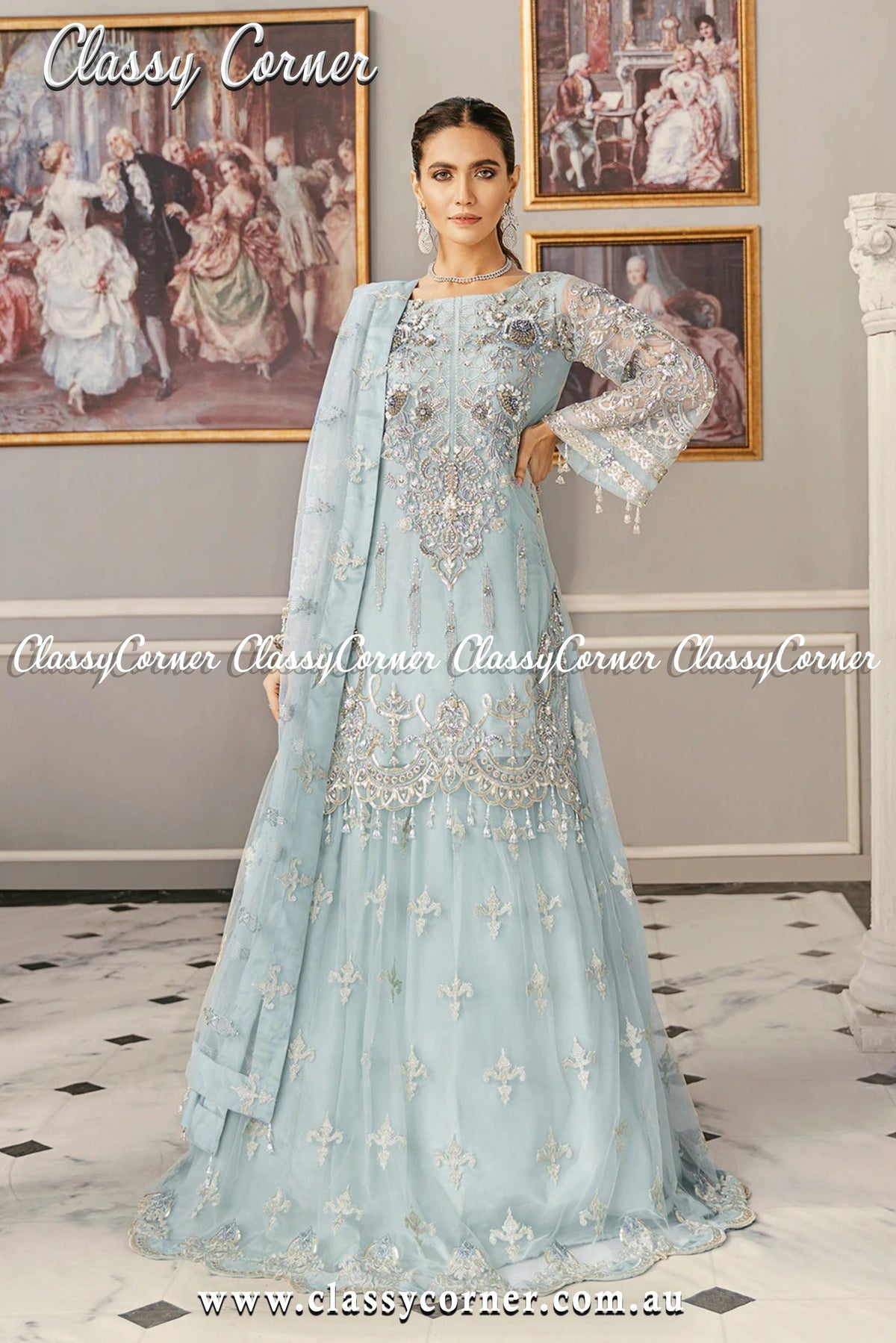 Light Blue Pakistani Formal Lehenga - Classy Corner