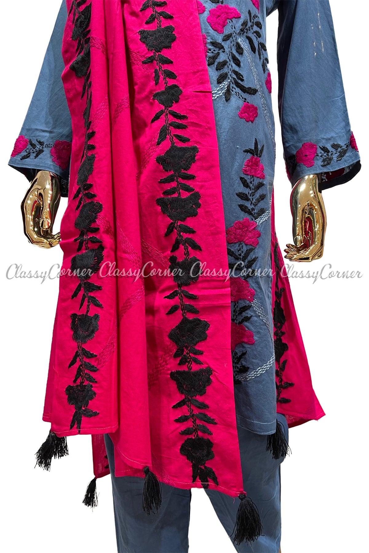 Blue Pink Magenta Hand Embroidered Cotton Salwar Kameez Suit - Classy Corner