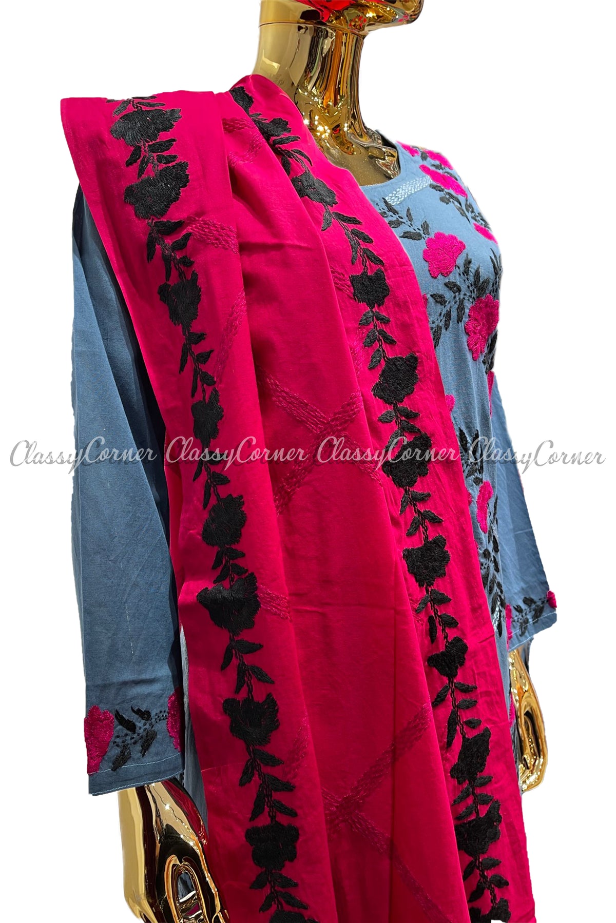 Blue Pink Magenta Hand Embroidered Cotton Salwar Kameez Suit - Classy Corner