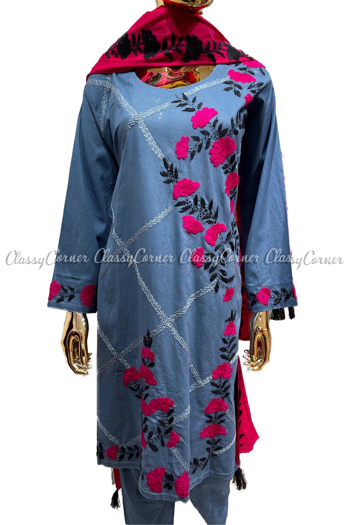 Blue Pink Magenta Hand Embroidered Cotton Salwar Kameez Suit - Classy Corner