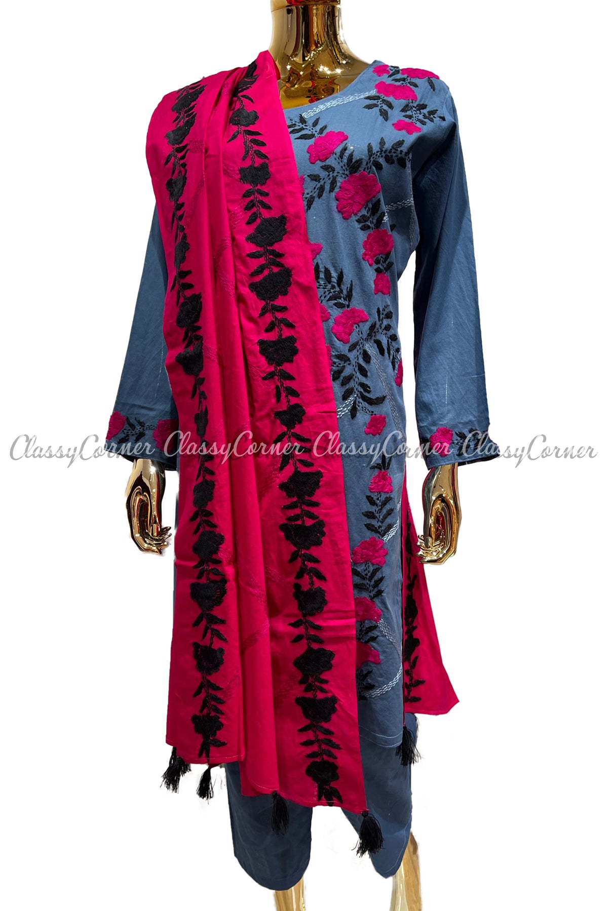 Blue Pink Magenta Hand Embroidered Cotton Salwar Kameez Suit - Classy Corner