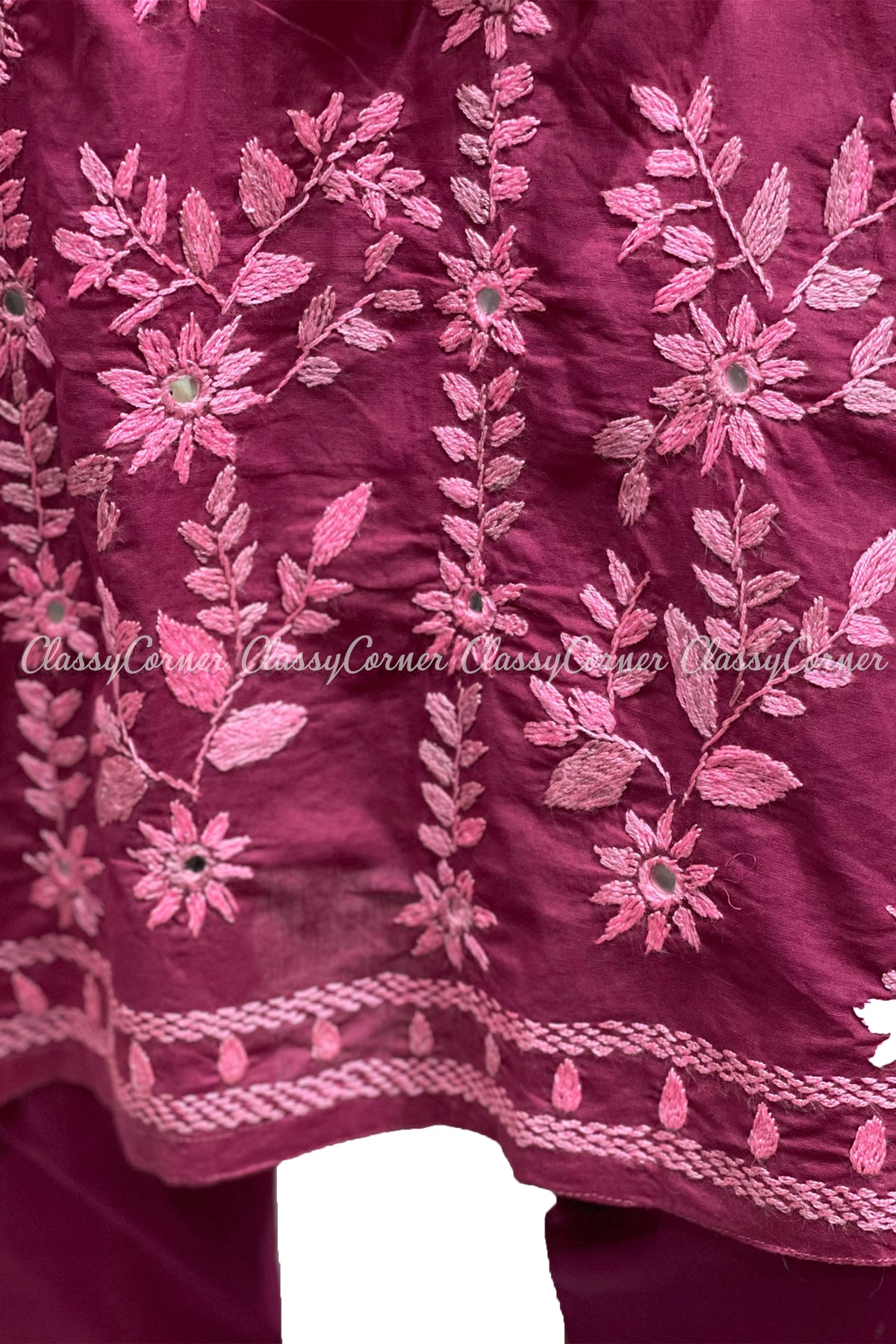 Pink Hand Embroidered Cotton Salwar Kameez Set - Classy Corner