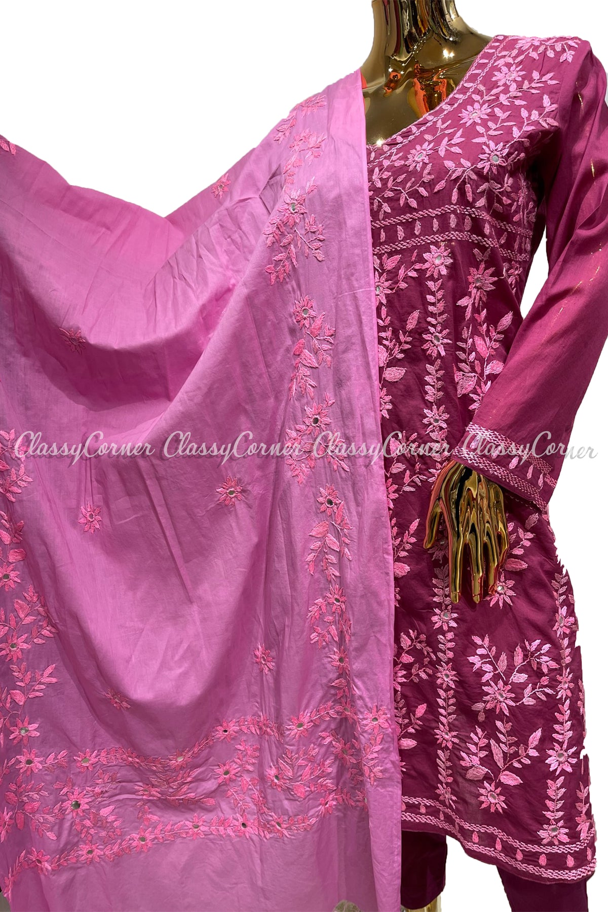 Pink Hand Embroidered Cotton Salwar Kameez Set - Classy Corner