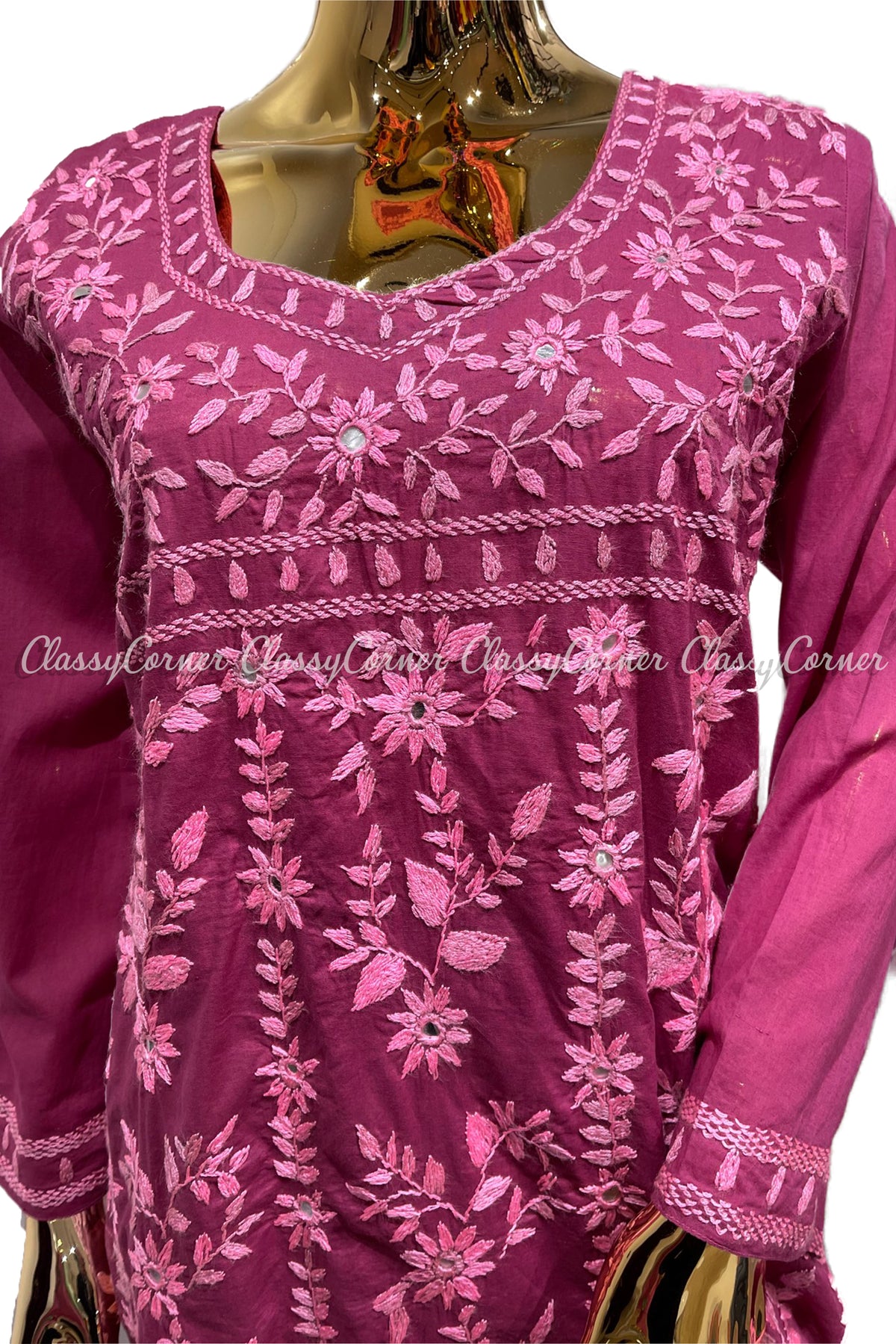 Pink Hand Embroidered Cotton Salwar Kameez Set - Classy Corner