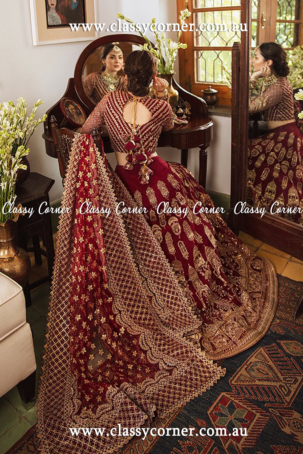 Red Wine Net Bridal Lehenga - Classy Corner