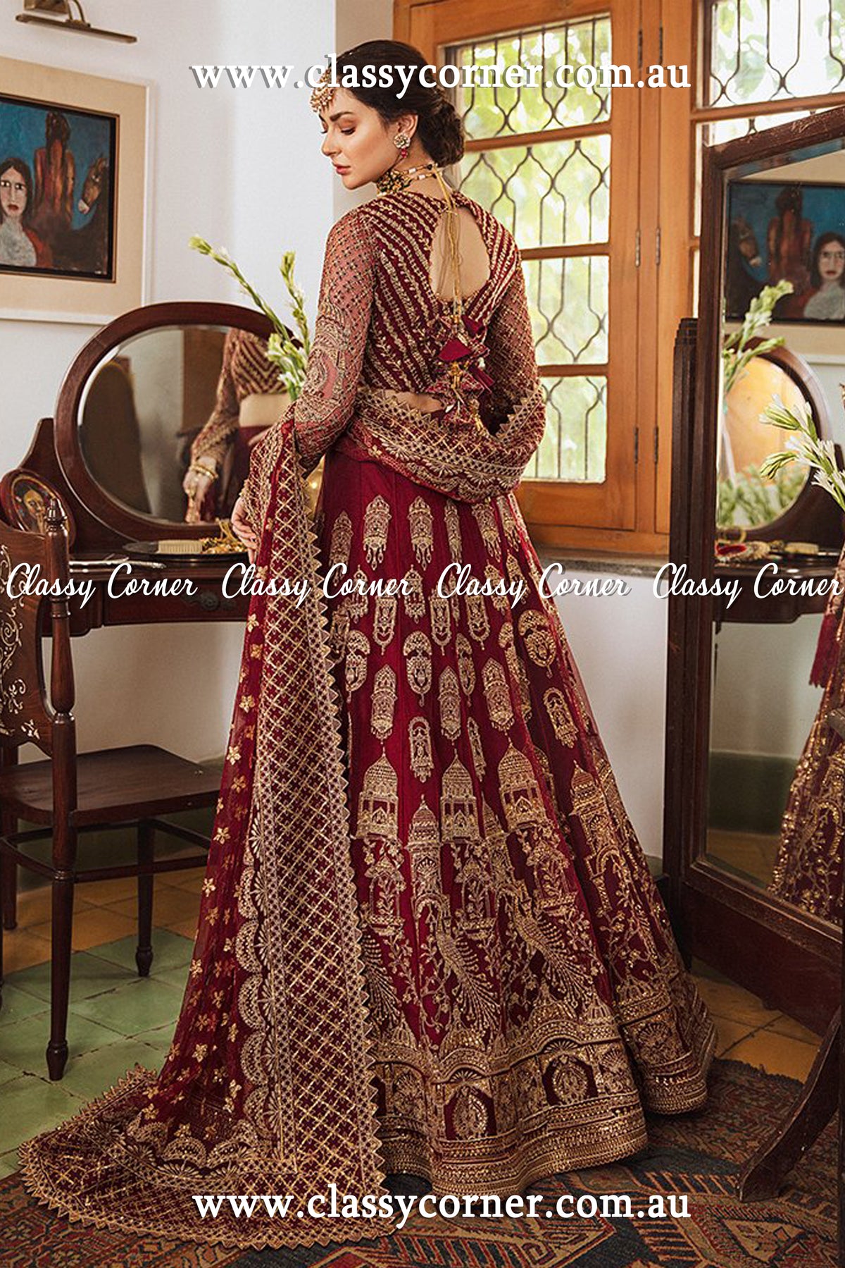 Red Wine Net Bridal Lehenga - Classy Corner