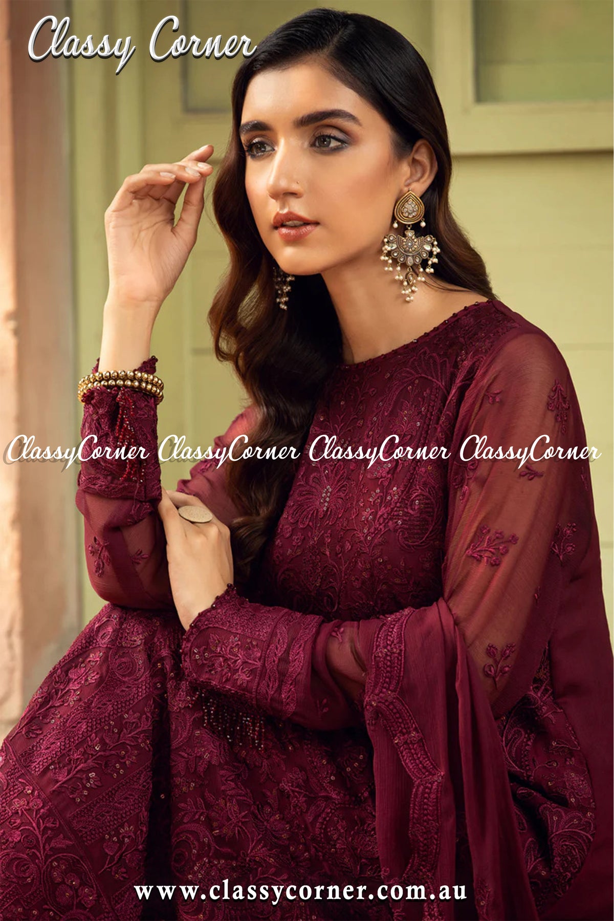 Rosewood Chiffon Pakistani Salwar Kameez - Classy Corner