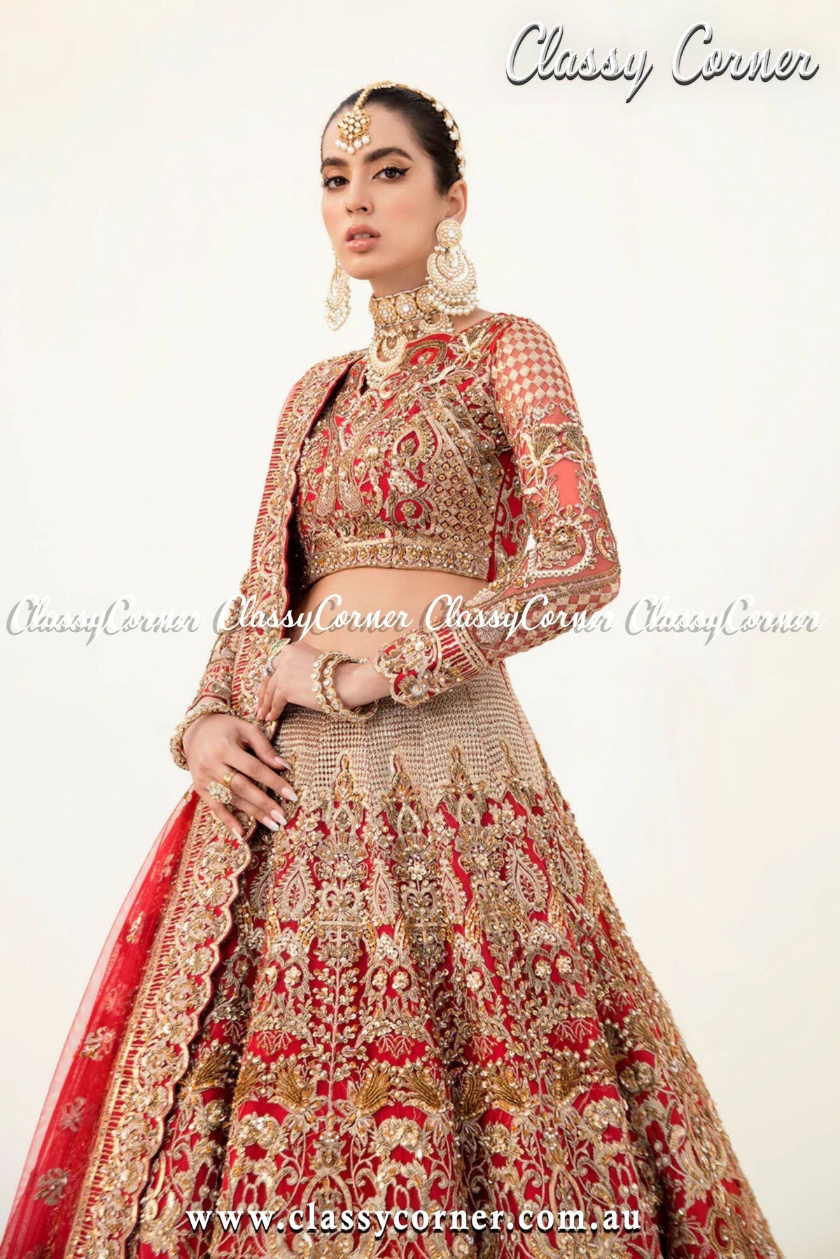 Golden Red Pakistani Wedding Lehenga - Classy Corner