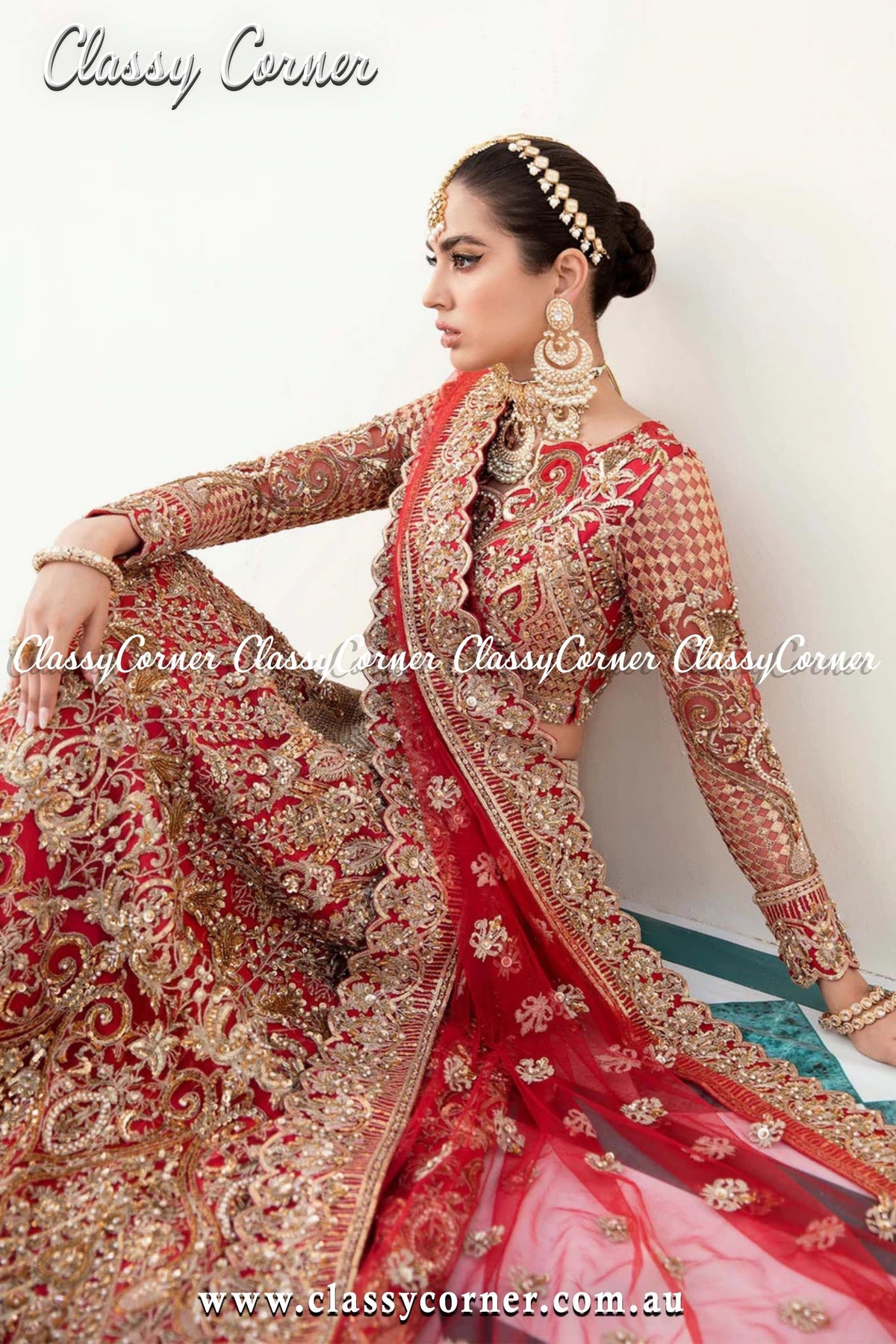 Golden Red Pakistani Wedding Lehenga - Classy Corner