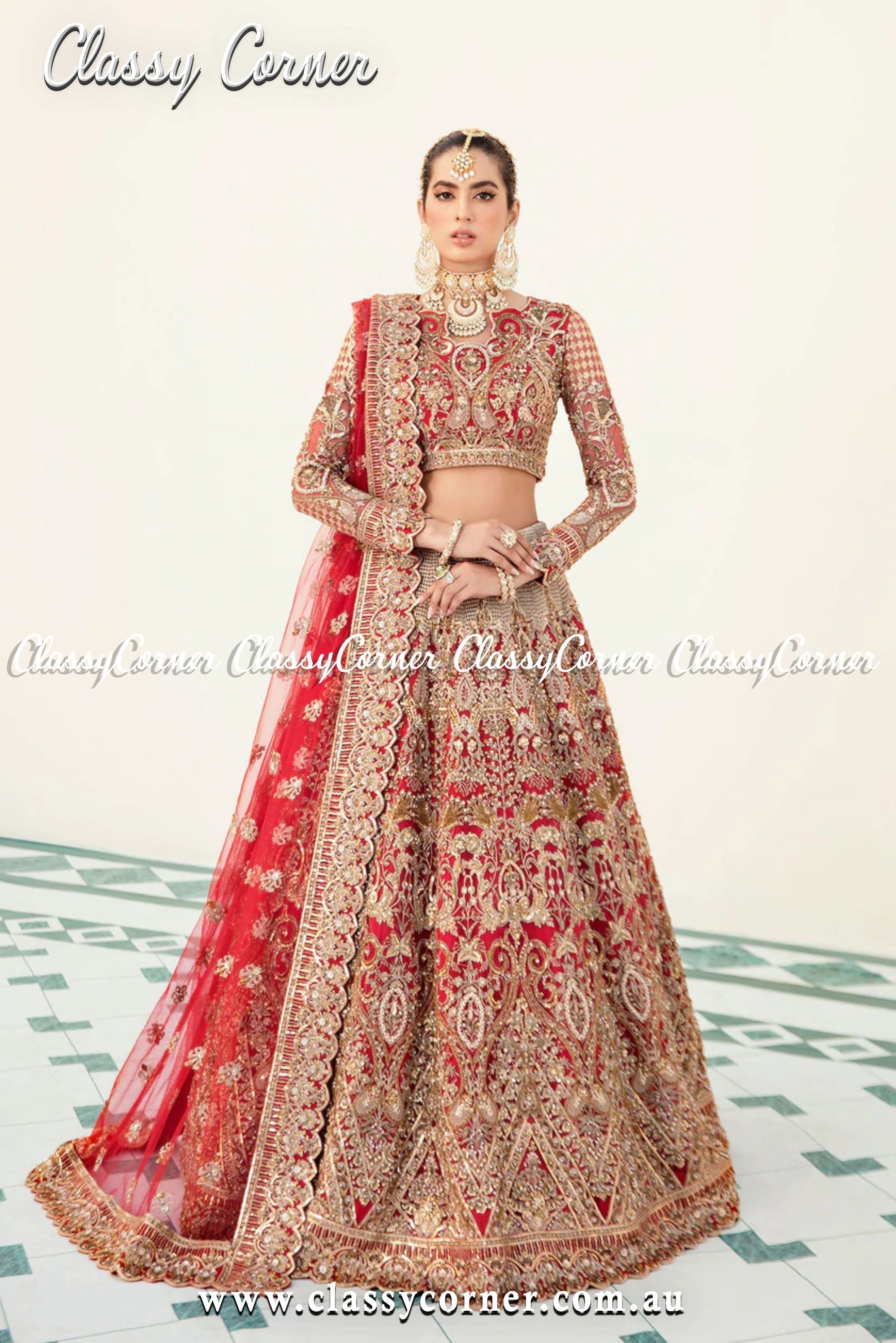 Golden Red Pakistani Wedding Lehenga - Classy Corner