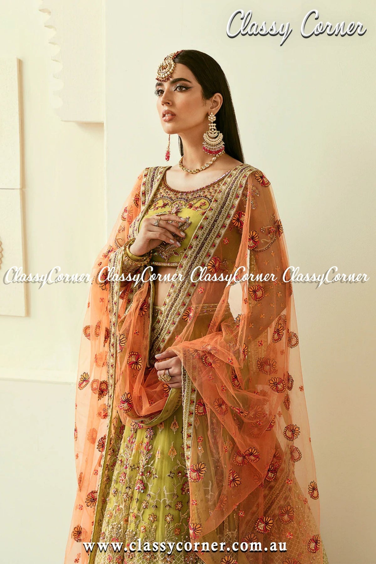 Green Orange Pakistani Wedding Lehenga - Classy Corner