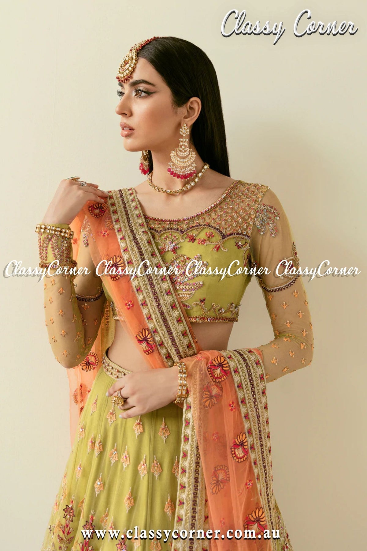 Green Orange Pakistani Wedding Lehenga - Classy Corner