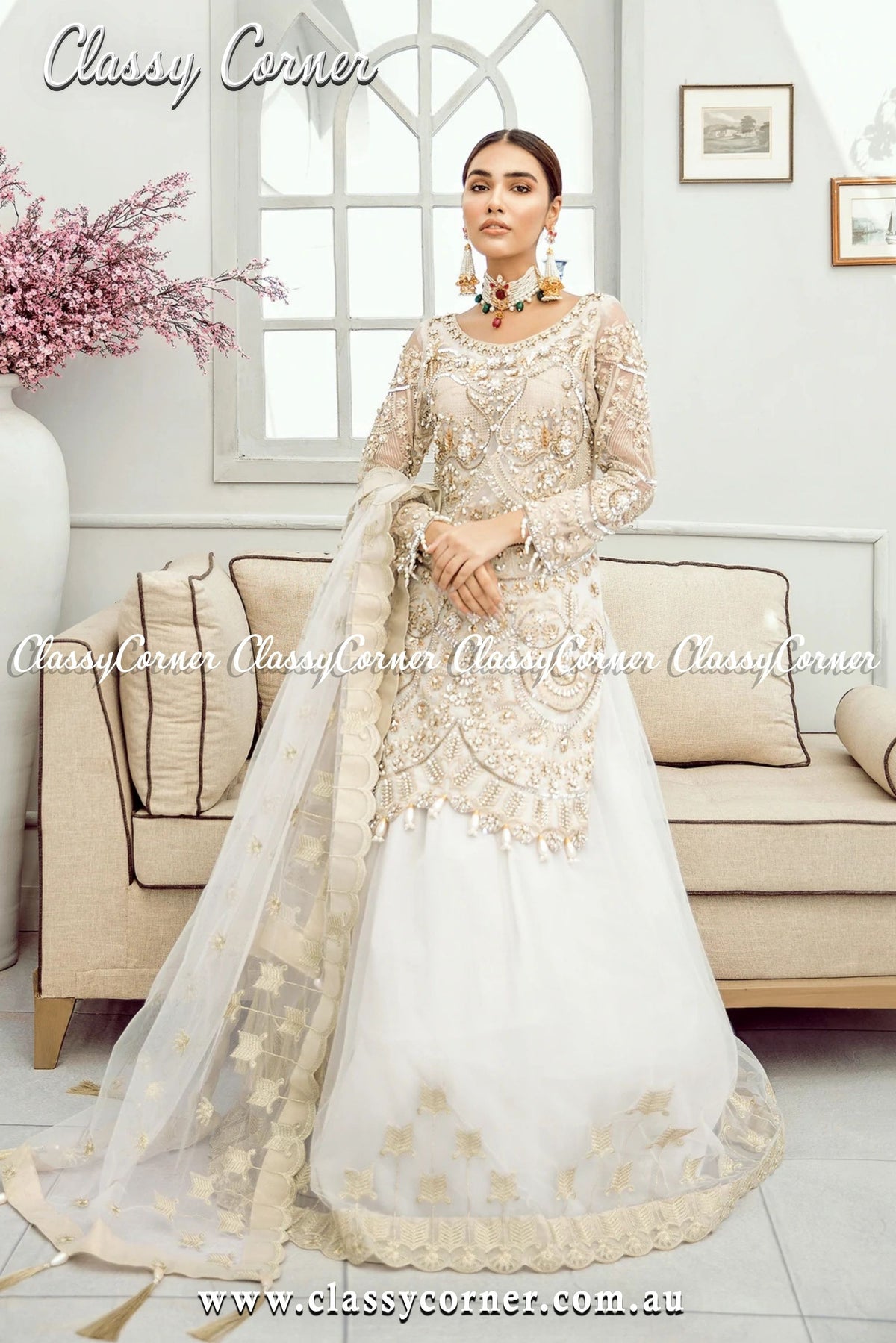 White Cream Pakistani Lehenga - Classy Corner