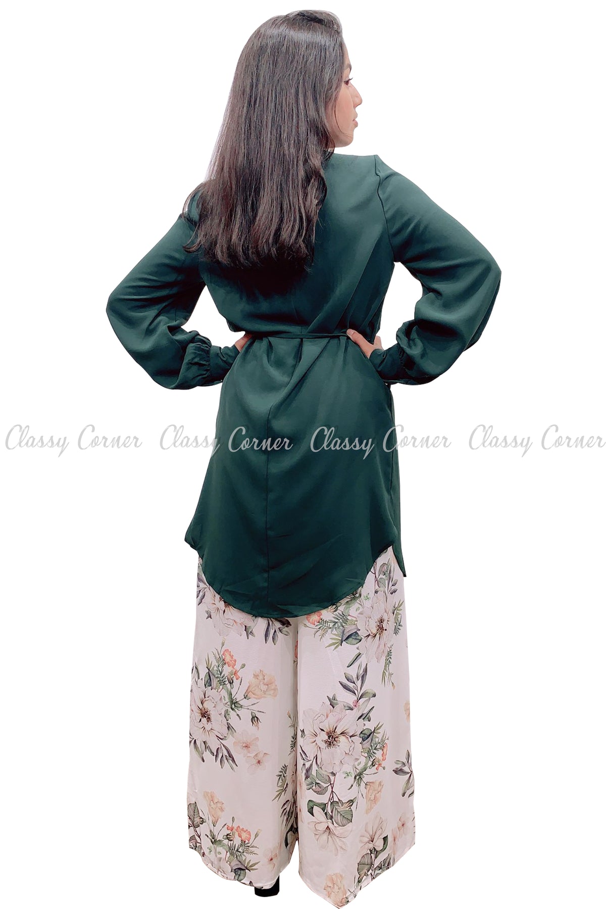 Tie Waist Green Modest Tunic Dress - Classy Corner