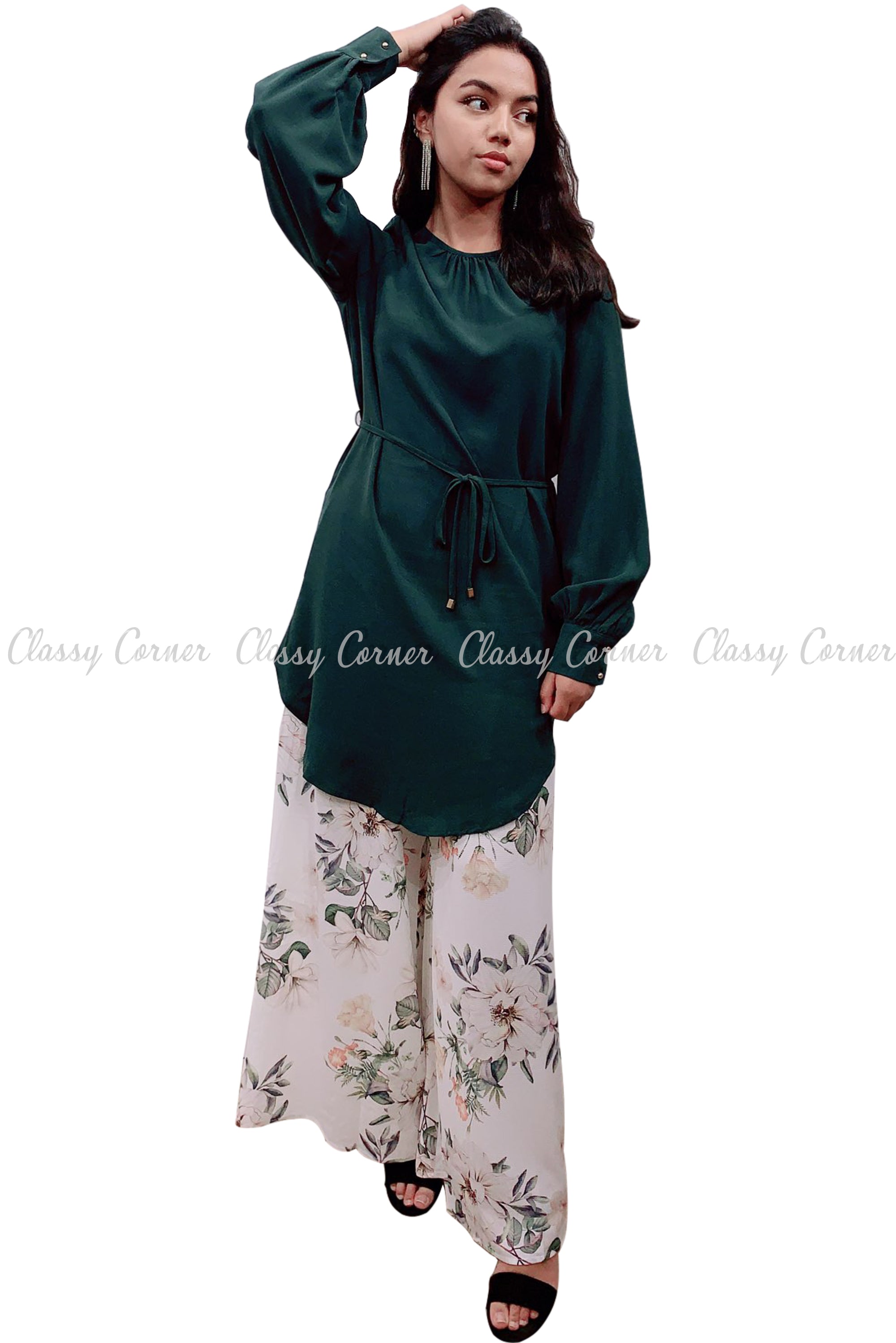 Tie Waist Green Modest Tunic Dress - Classy Corner