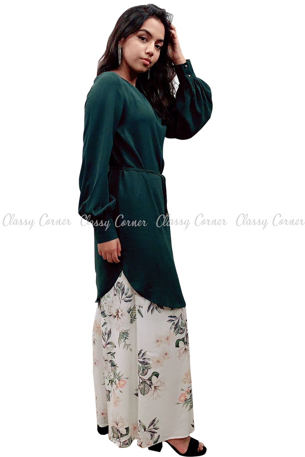 Tie Waist Green Modest Tunic Dress - Classy Corner