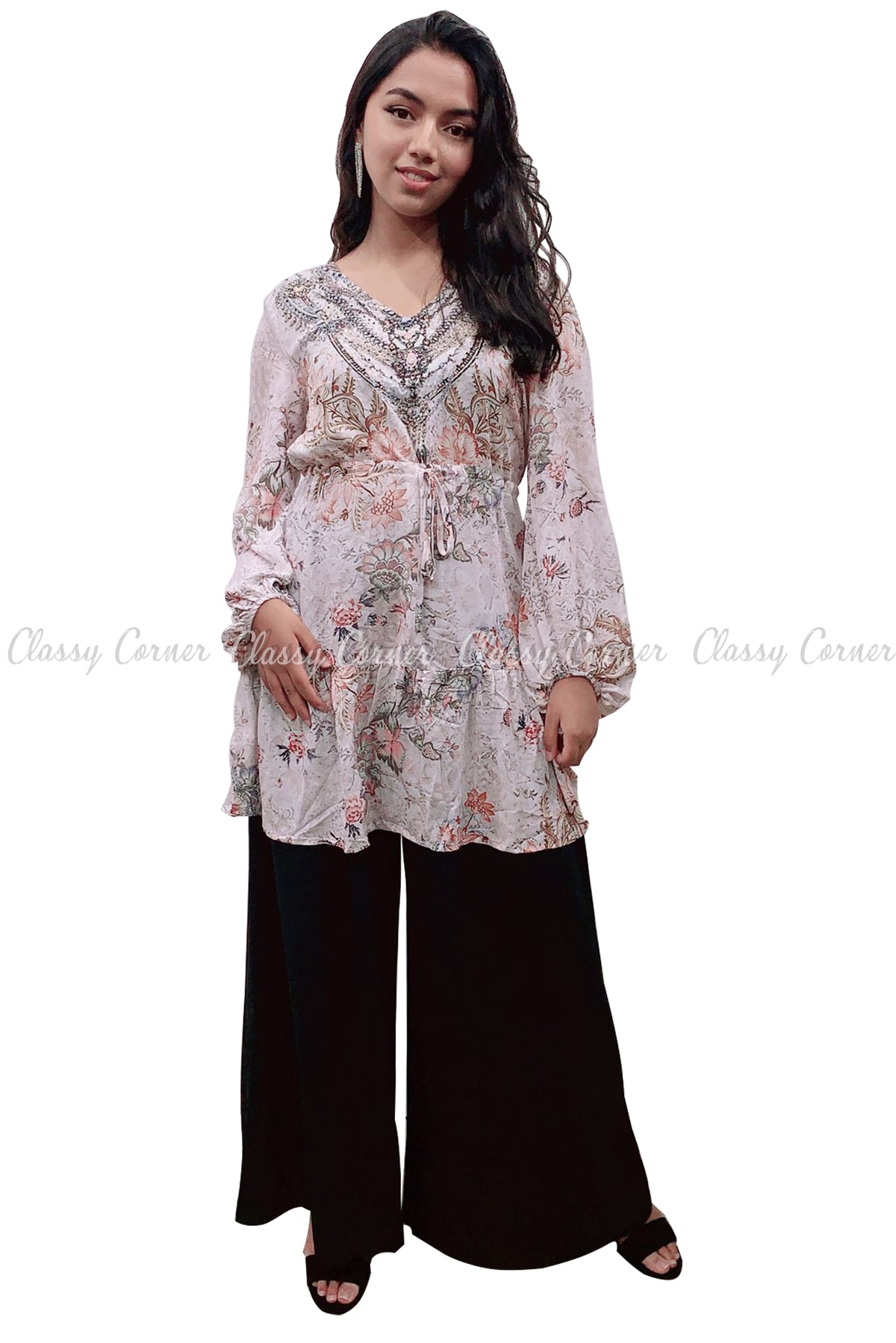 Tropical Floral Print White Modest Tunic Dress - Classy Corner