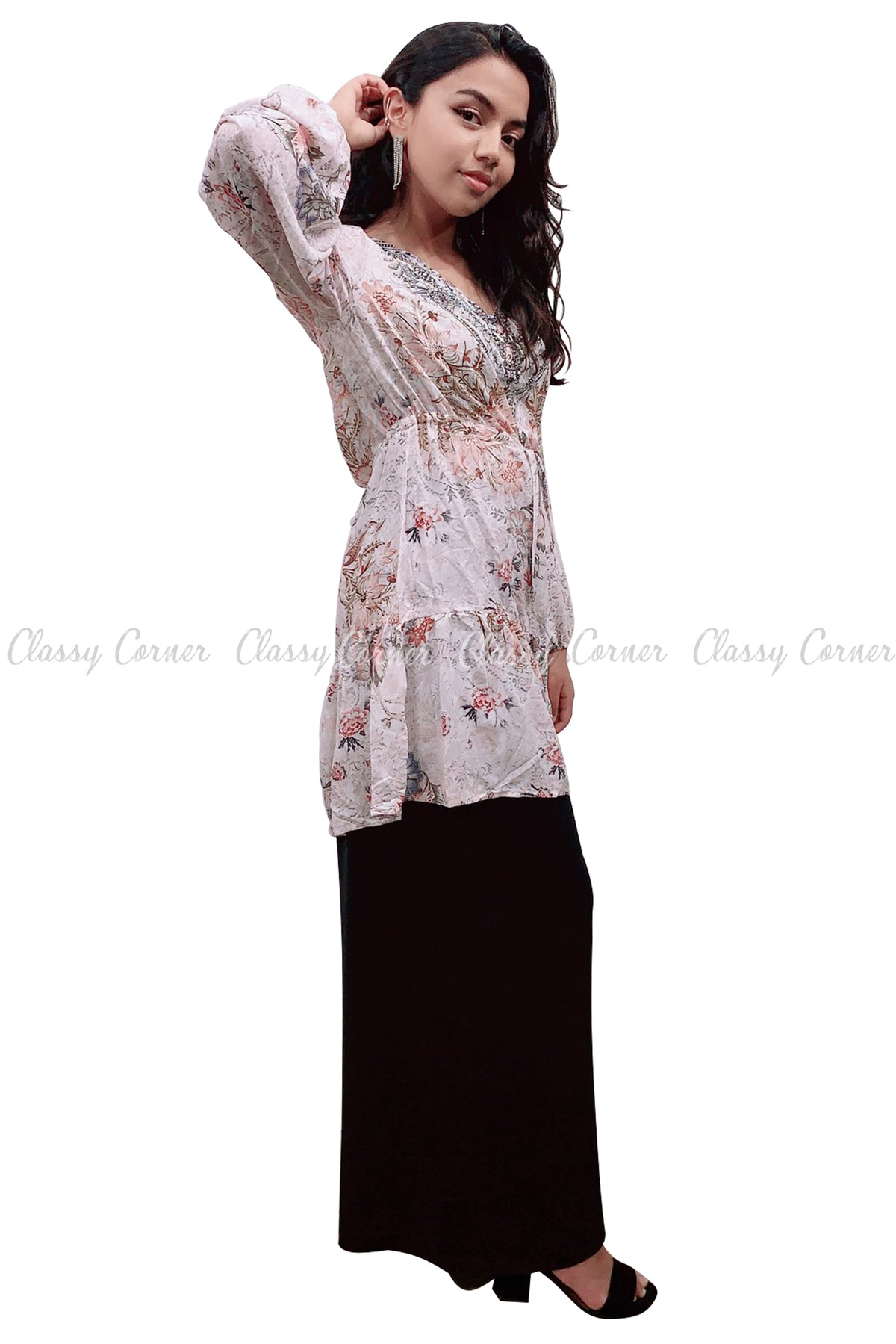 Tropical Floral Print White Modest Tunic Dress - Classy Corner