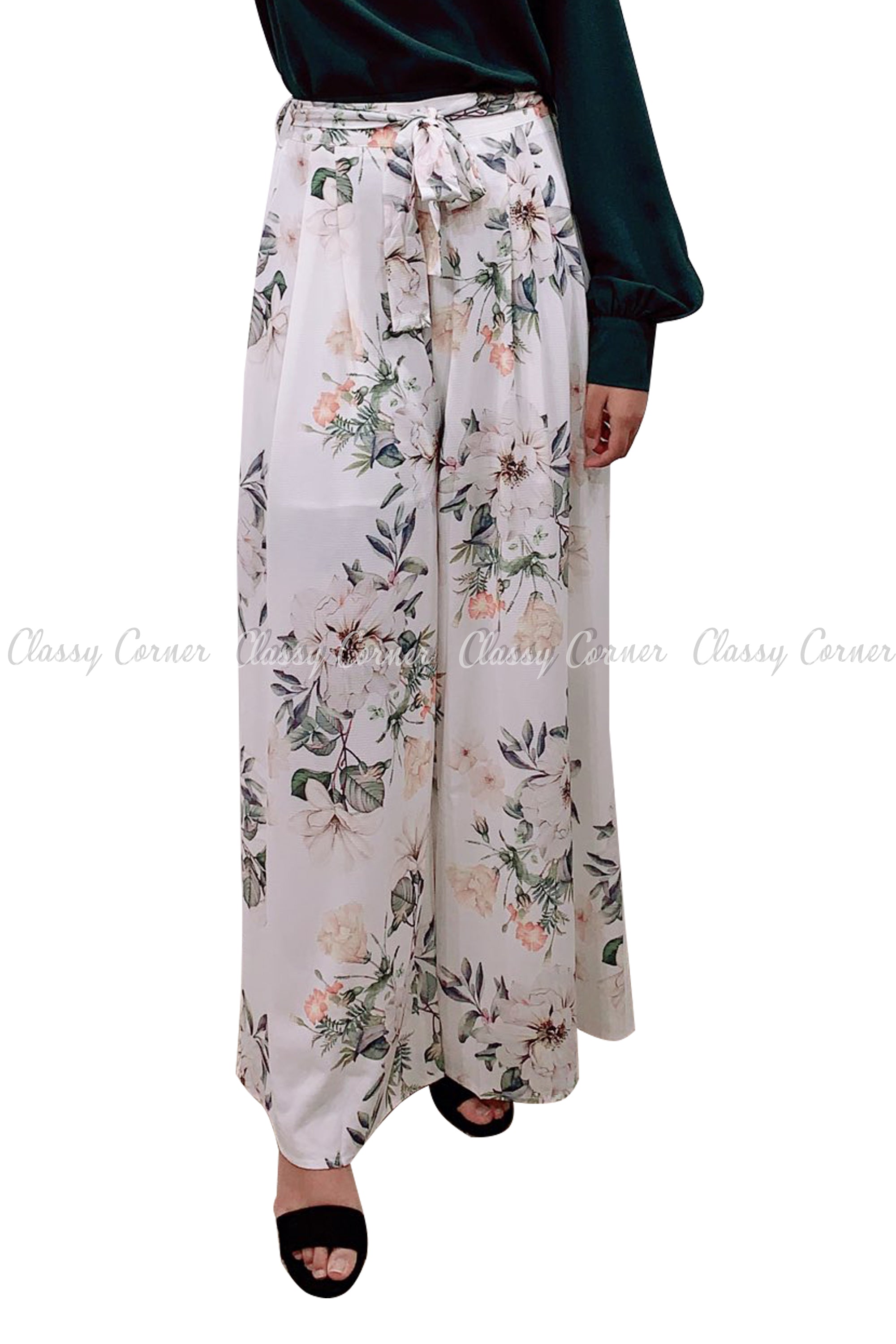 Tropical Leafy Floral Printed White Elegant Pants - Classy Corner