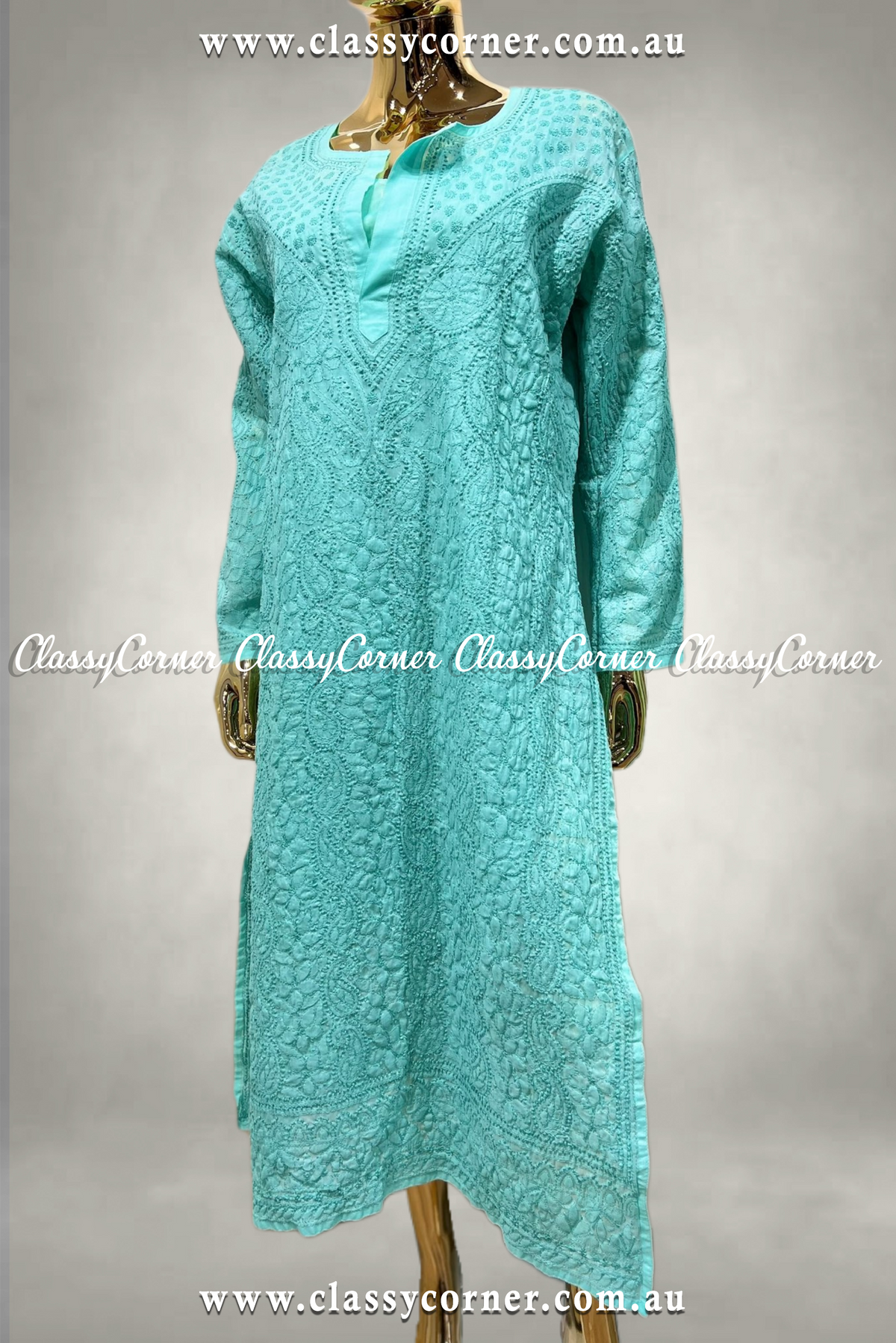 Turquoise Hand Embroidered Kurti - Classy Corner