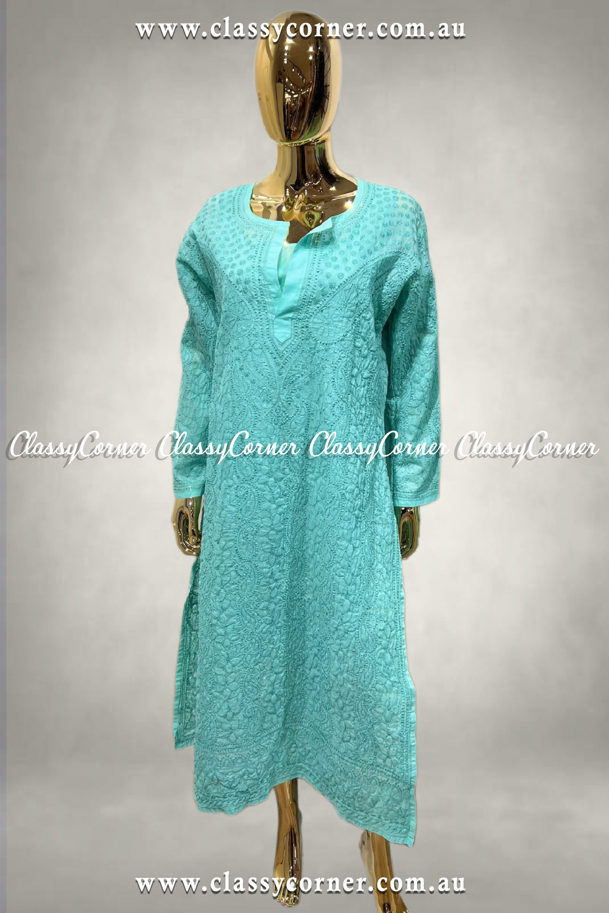 Turquoise Hand Embroidered Kurti - Classy Corner