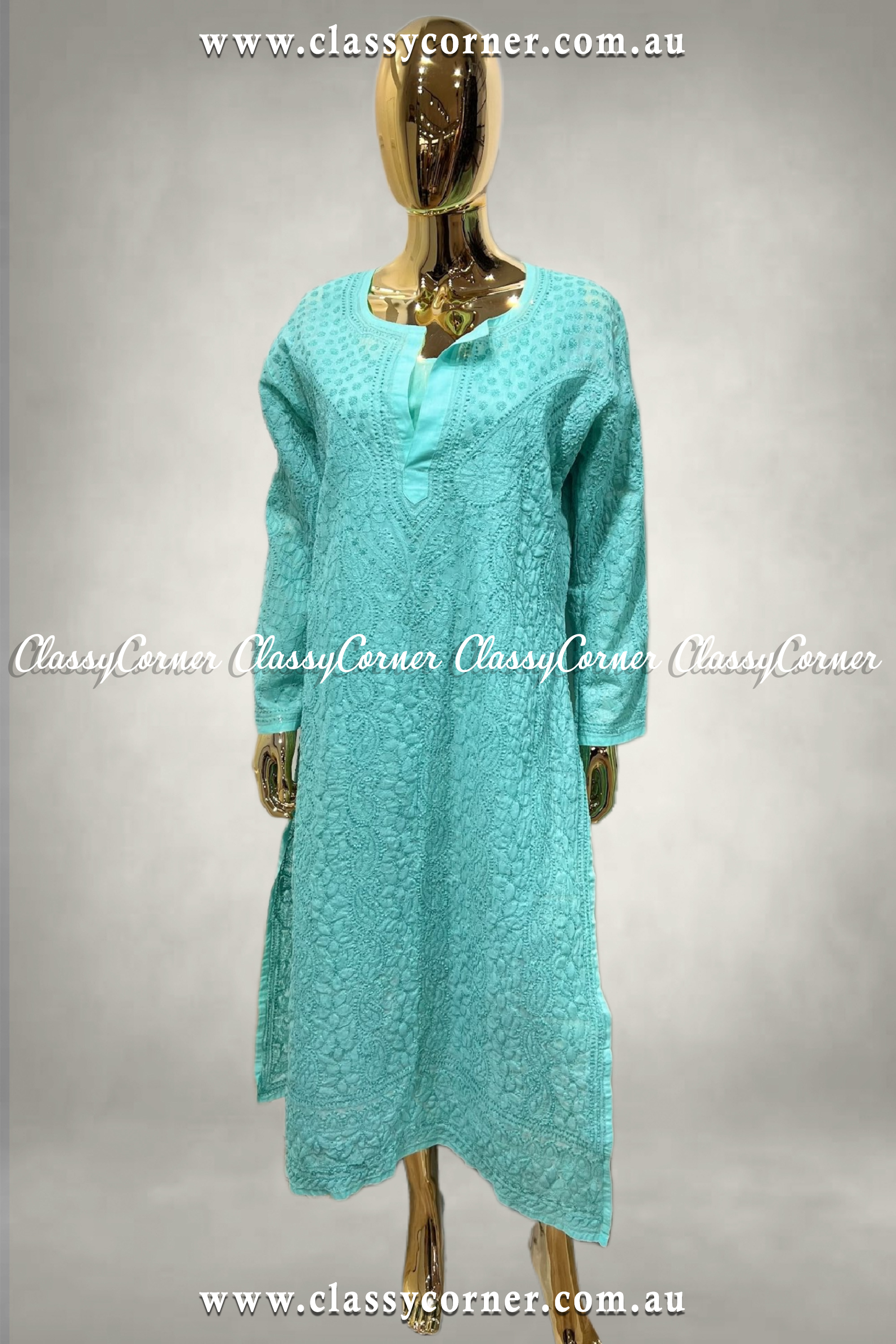 Turquoise Hand Embroidered Kurti - Classy Corner