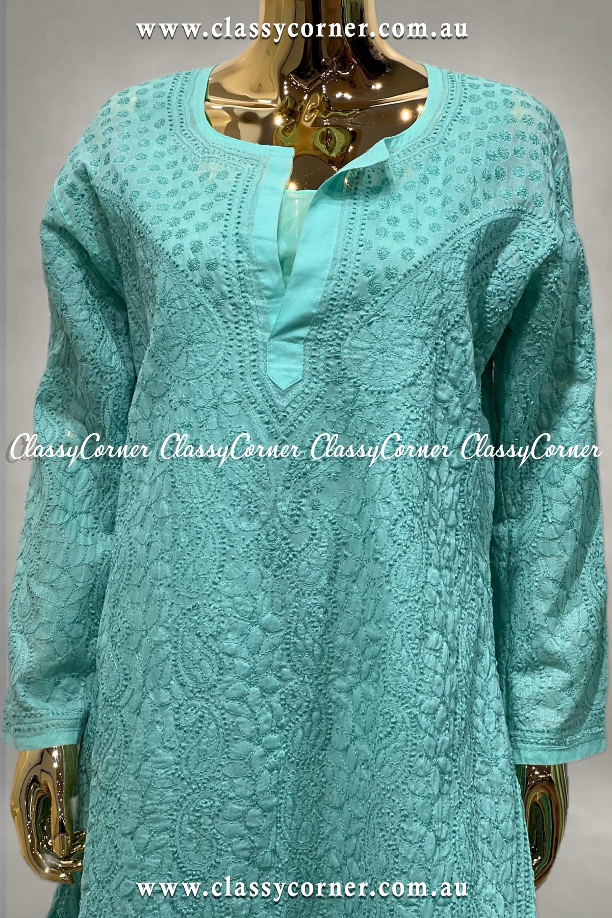 Turquoise Hand Embroidered Kurti - Classy Corner