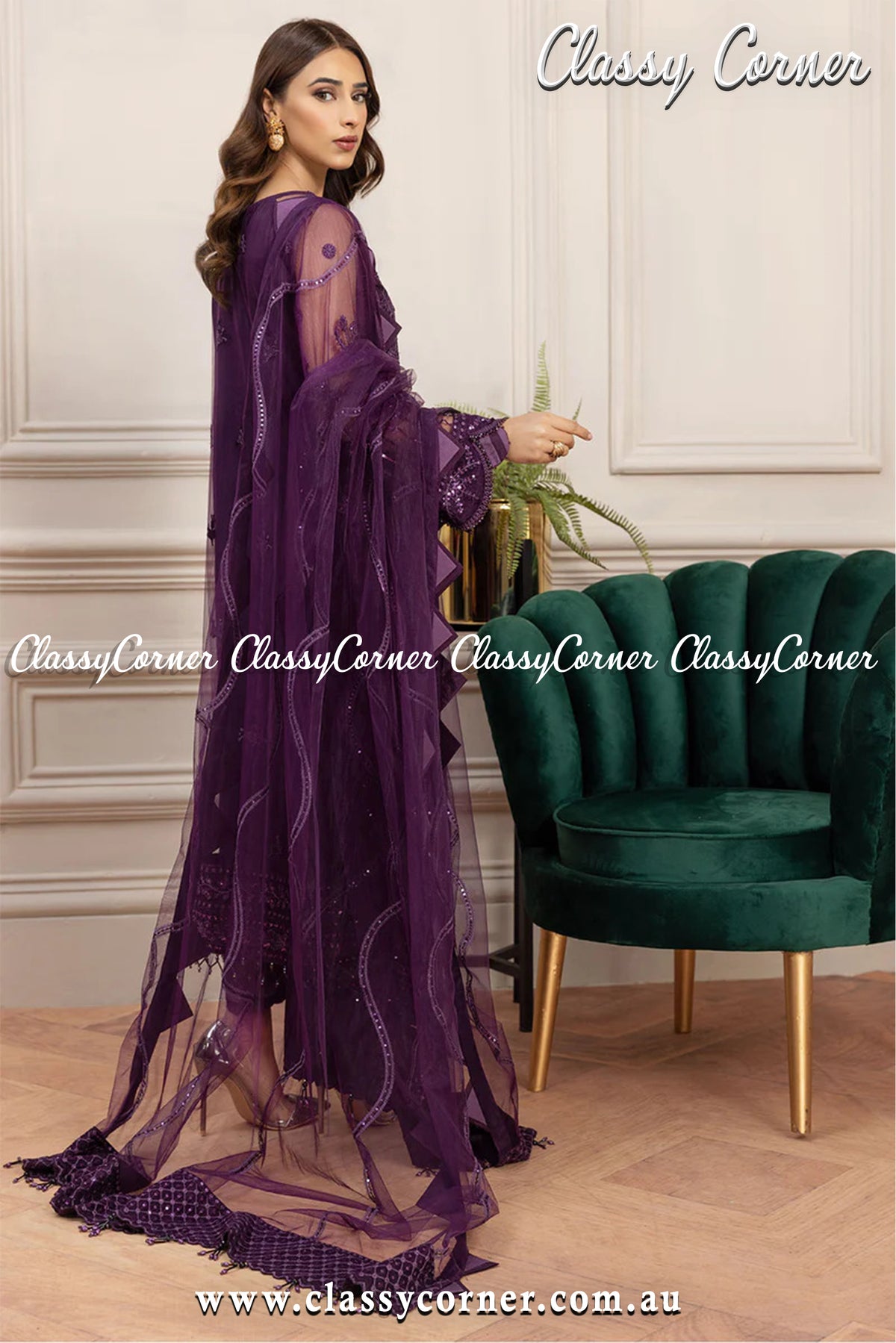 Violet Net Pakistani Salwar Kameez - Classy Corner