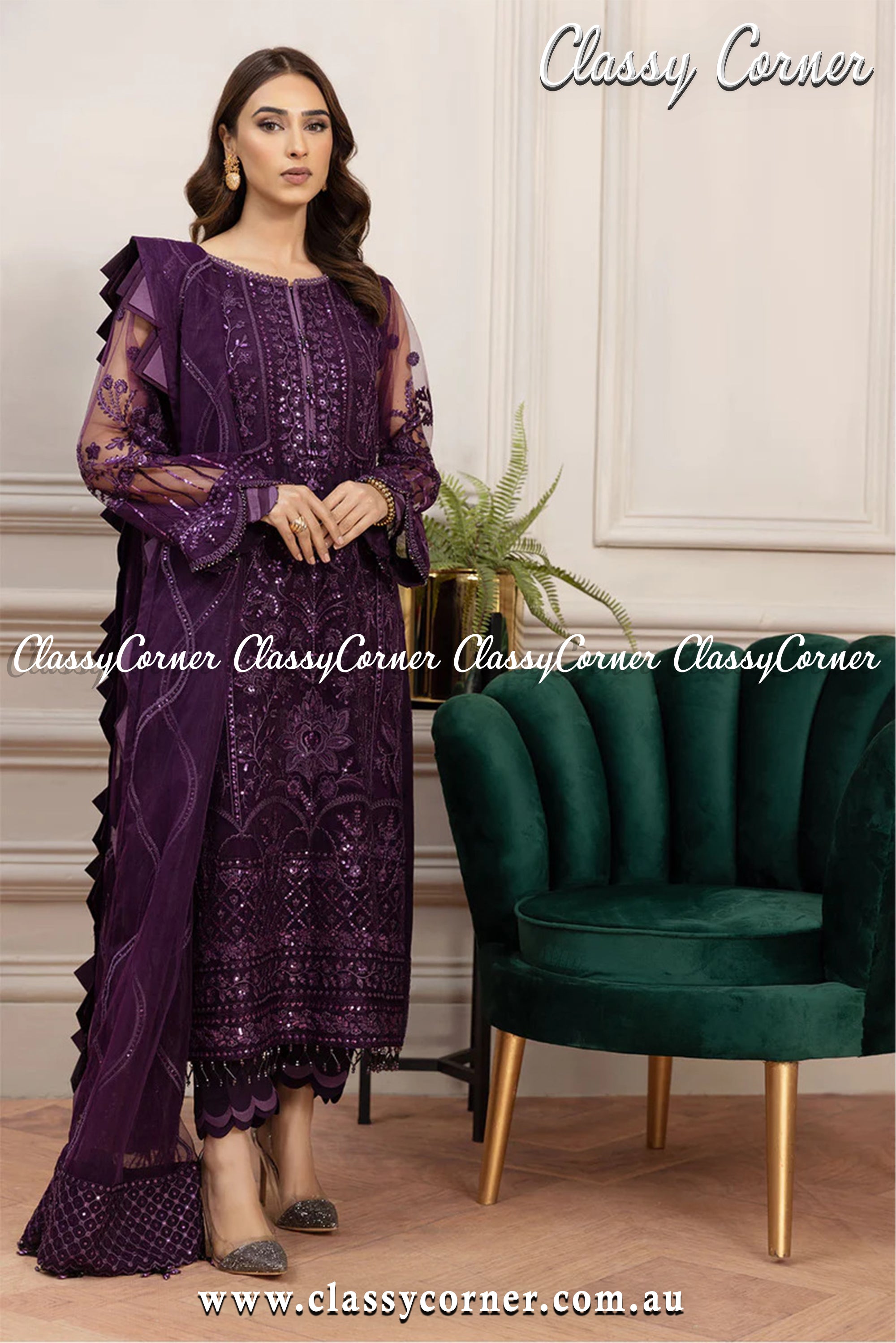 Violet Net Pakistani Salwar Kameez - Classy Corner