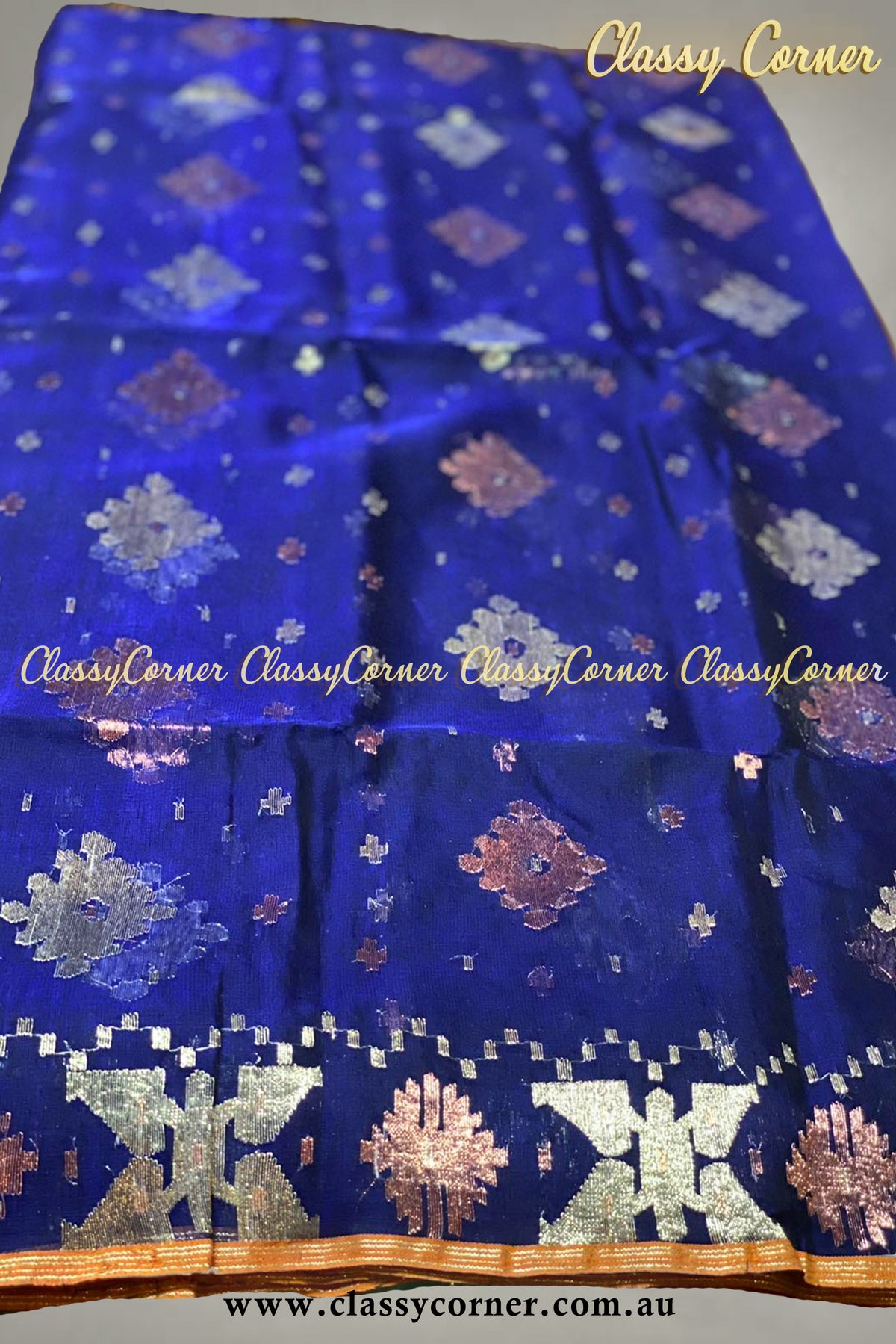 Vivid Navy Gold Rosegold Jamdanee Saree - Classy Corner