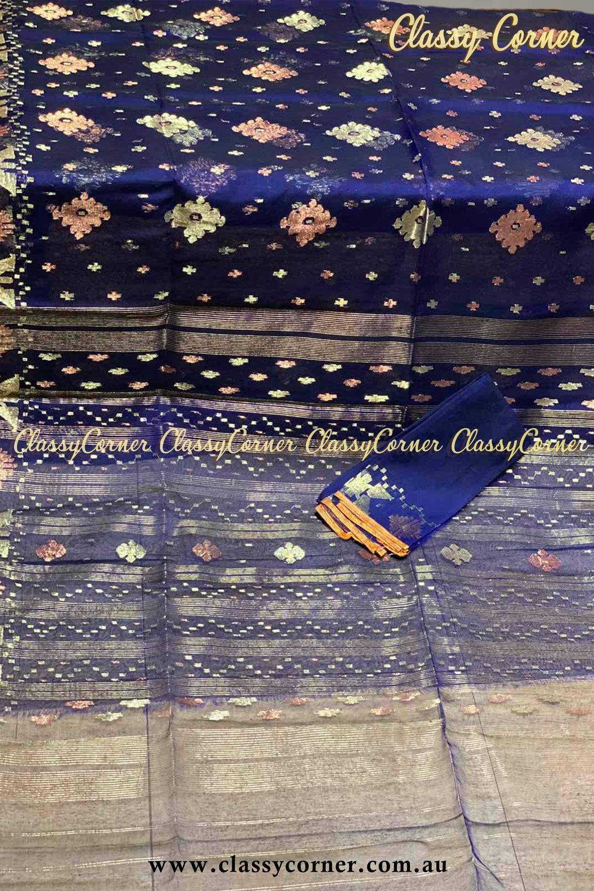 Vivid Navy Gold Rosegold Jamdanee Saree - Classy Corner