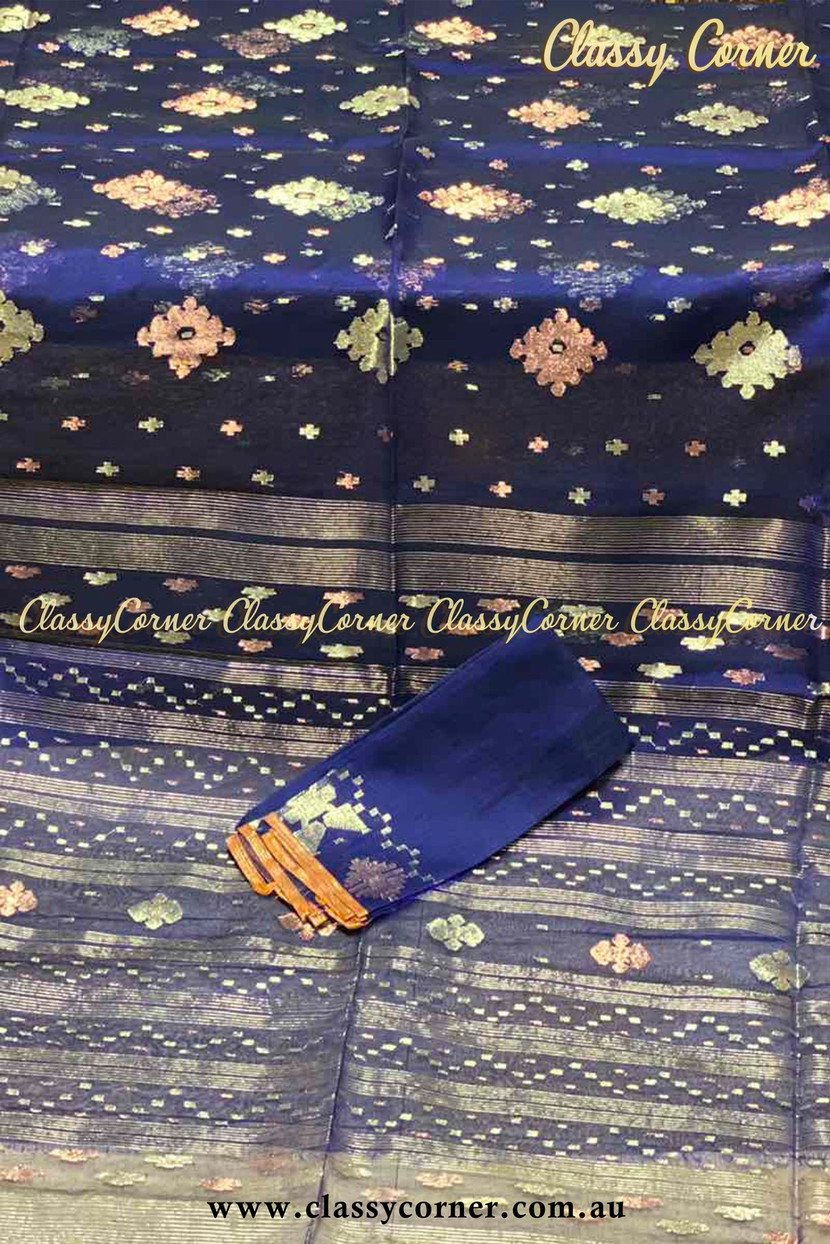 Vivid Navy Gold Rosegold Jamdanee Saree - Classy Corner