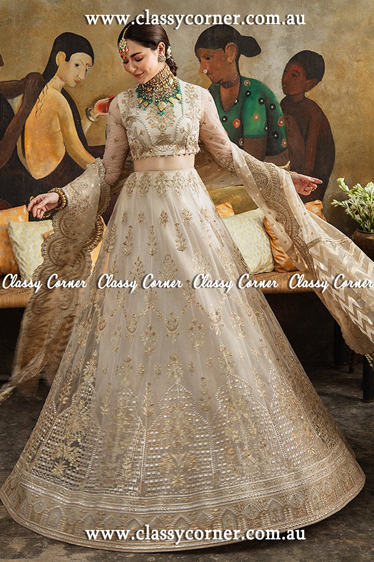 White Beige Net Bridal Lehenga - Classy Corner