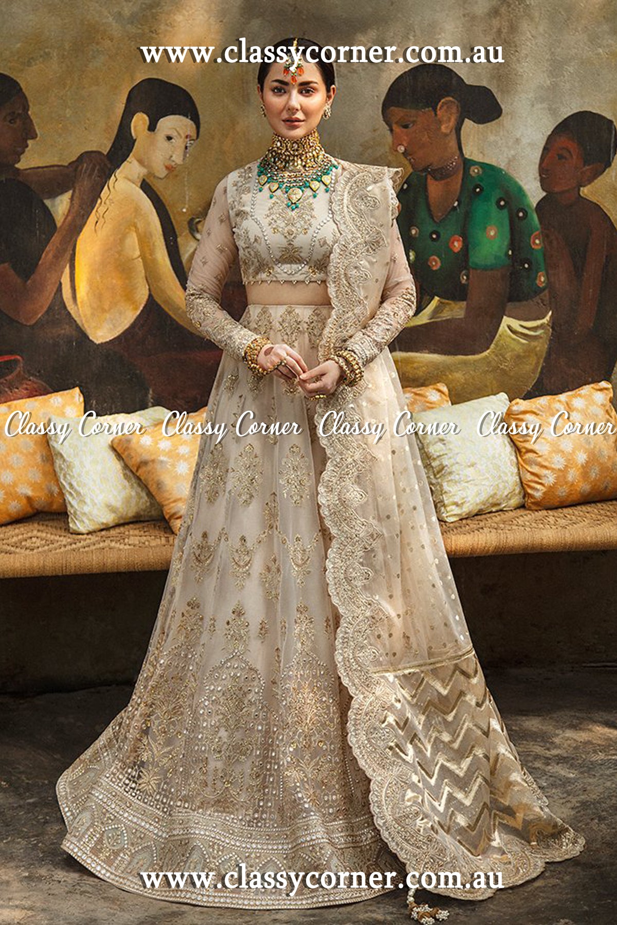 White Beige Net Bridal Lehenga - Classy Corner