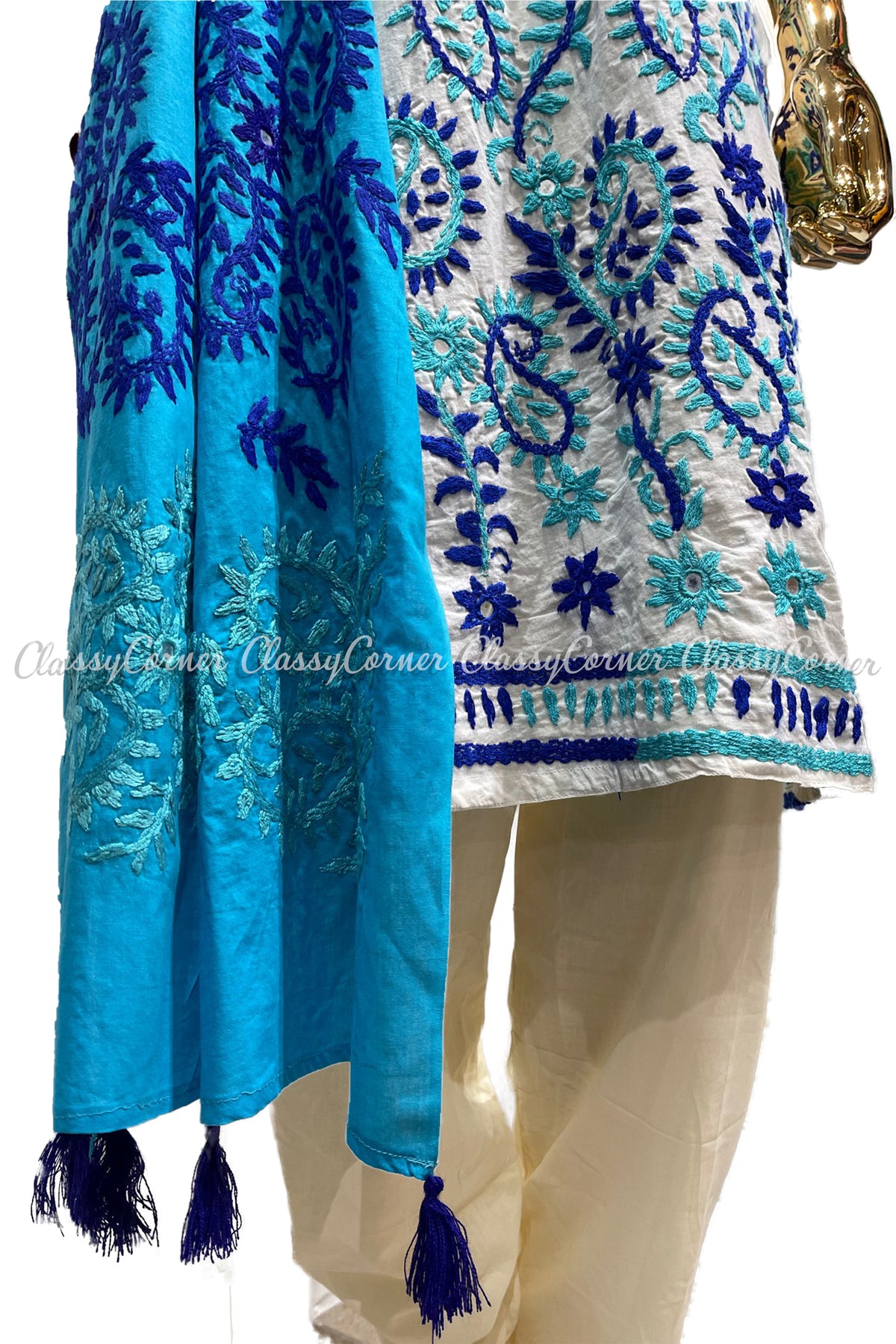 White Blue Hand Embroidered Cotton Salwar Kameez Set - Classy Corner