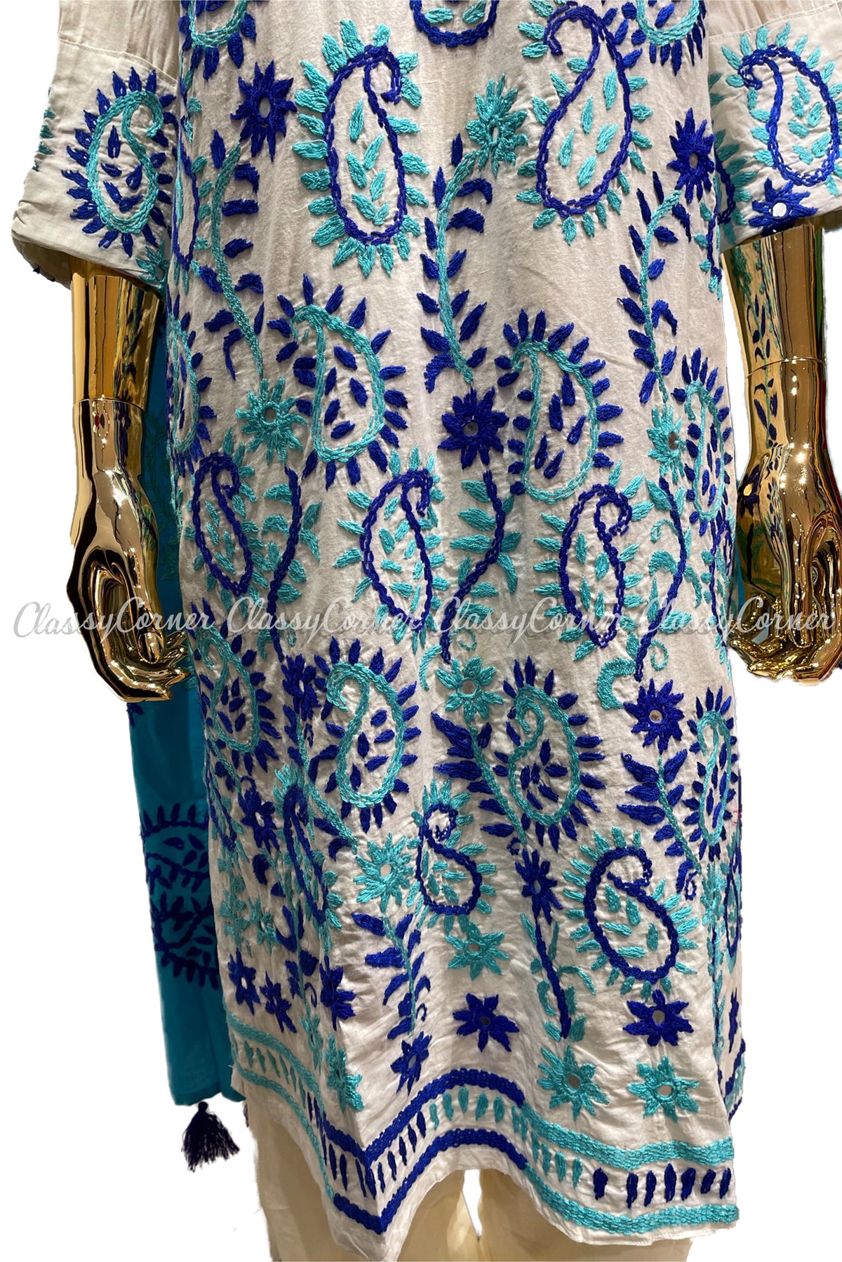 White Blue Hand Embroidered Cotton Salwar Kameez Set - Classy Corner