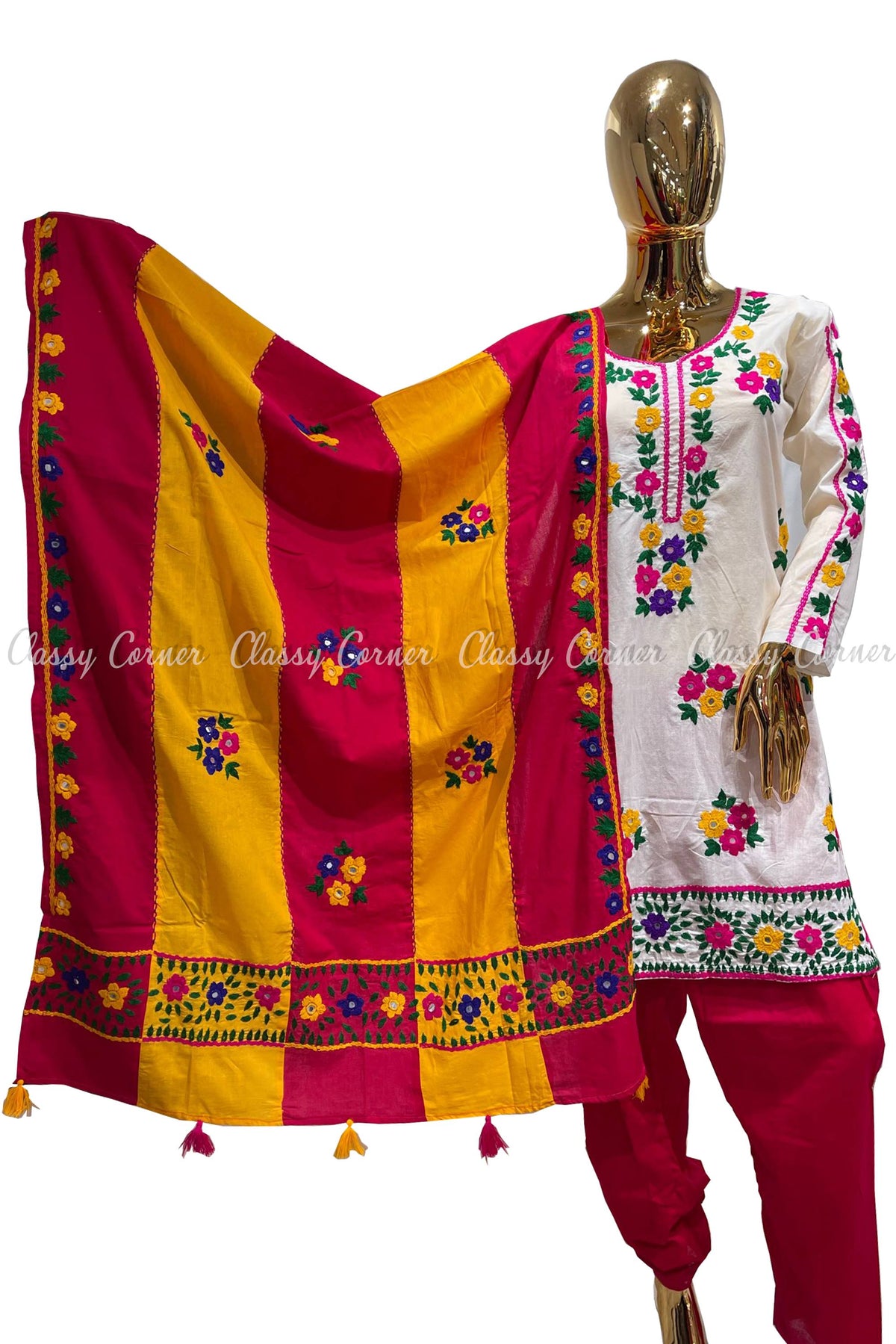 White Magenta Hand Embroidered Cotton Salwar Kameez Suit - Classy Corner