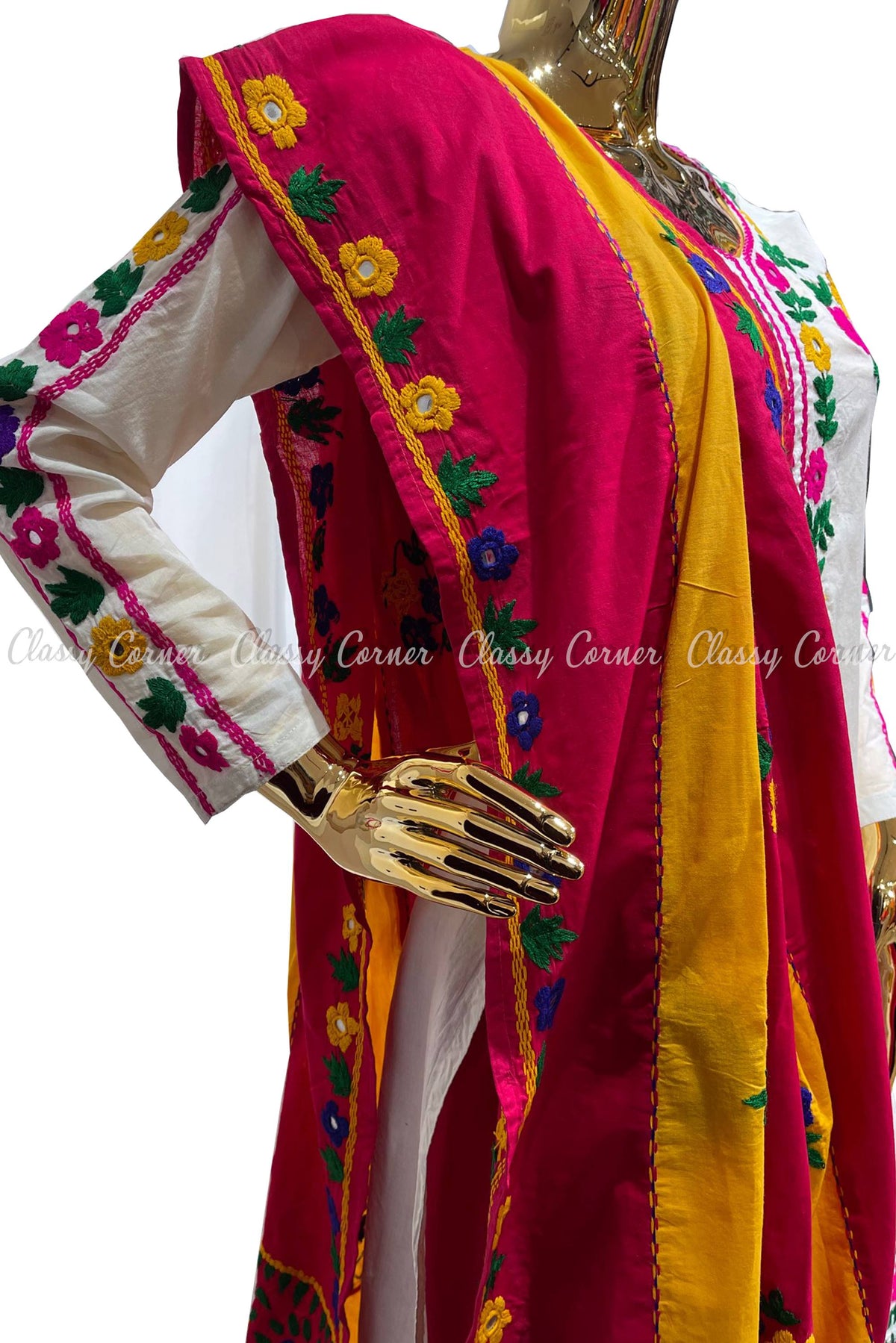 White Magenta Hand Embroidered Cotton Salwar Kameez Suit - Classy Corner