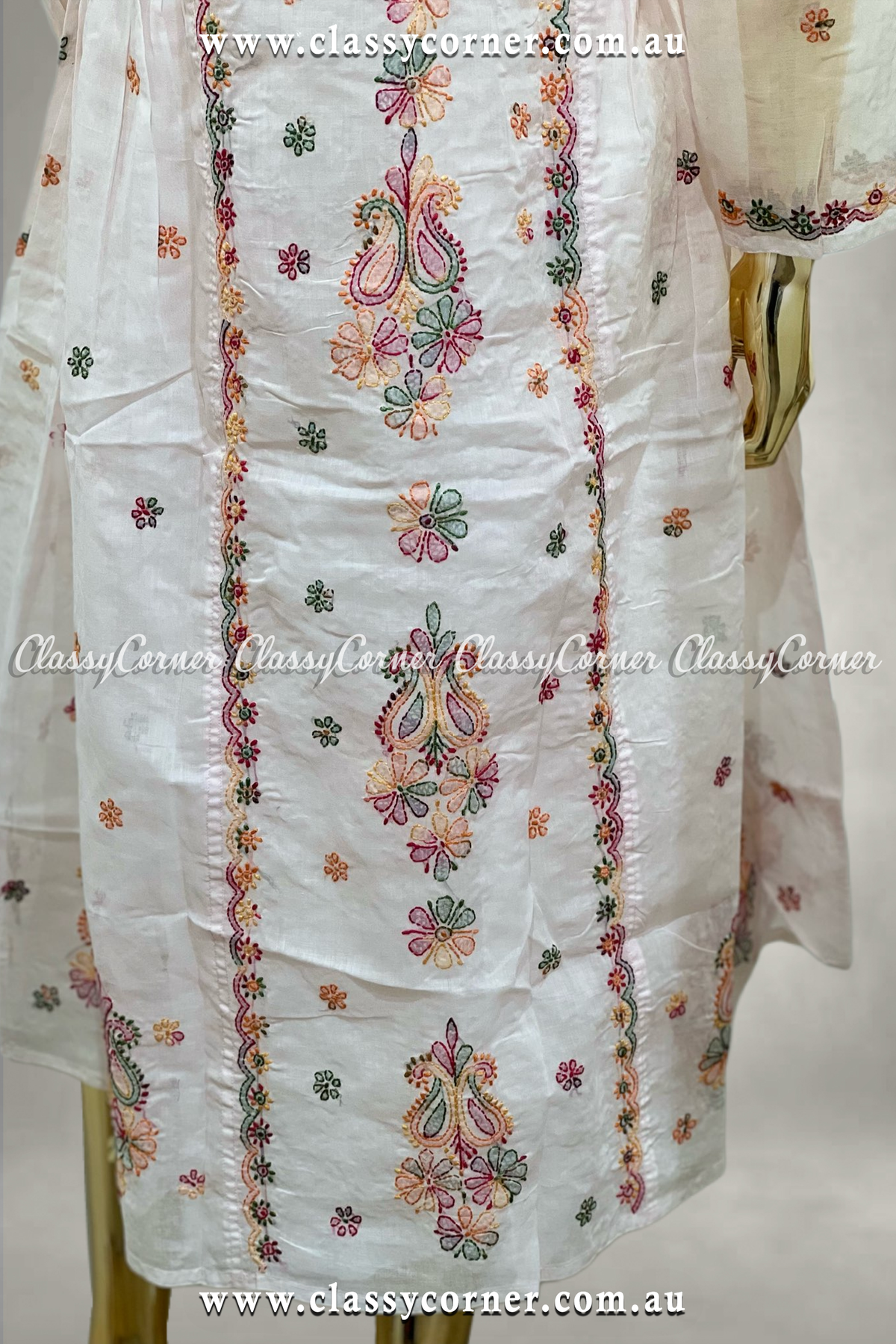 White Multicolour Hand Embroidered Dress - Classy Corner