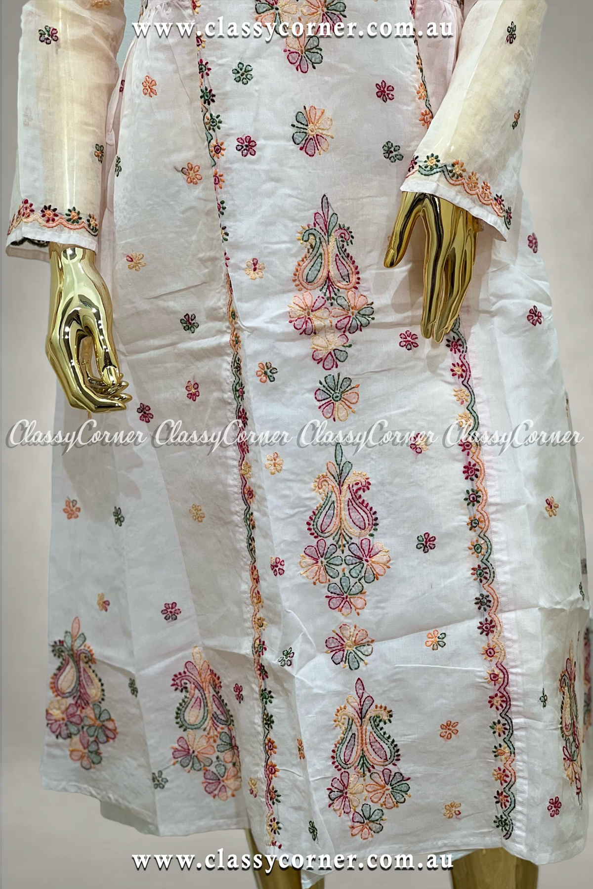 White Multicolour Hand Embroidered Dress - Classy Corner